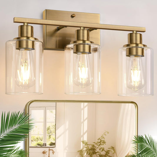 3 Light Bathroom Light Fixtures, Brass Vanity Lights for Bathroom with Clear Glass Shades, Modern Bathroom Wall Sconces for Mirror Living Room Cabinet