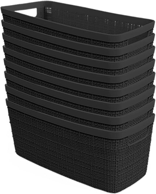 Curver Set of 8 Jute Slim Decorative Plastic Organization and Storage Baskets, Perfect Bins for Home Office, Closet Shelves, Kitchen Pantry and All Bedroom Essentials, Black