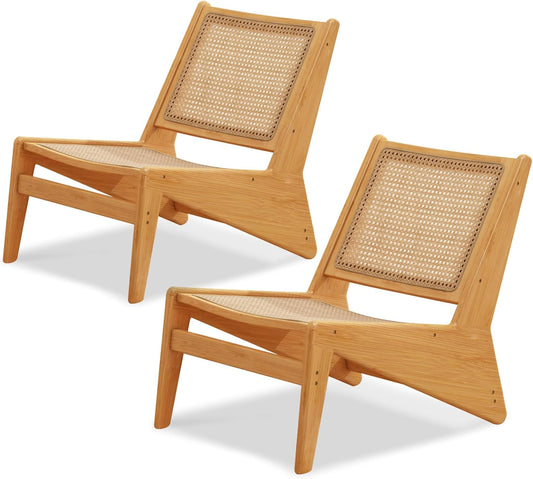 Rattan Chair 2Pcs, Mid Century Modern Accent Chair, Leisurely Reading Chair for Living Room（Wood）