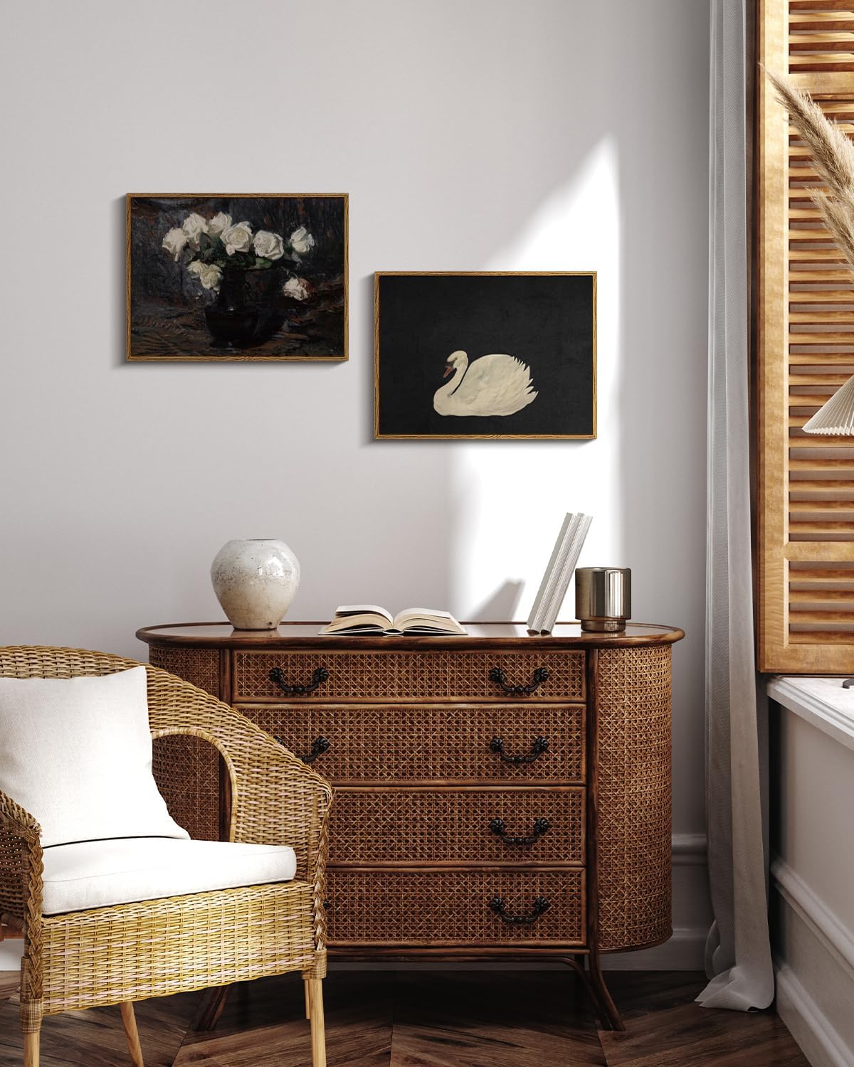 VIYYIEA Framed Canvas Wall Art Home Decor Vintage Botanical Prints White Roses in Vase Rustic Farmhouse Flower Wall Decor Mid Century Pictures Art Prints Floral Room Decor for Living Room 12x16in