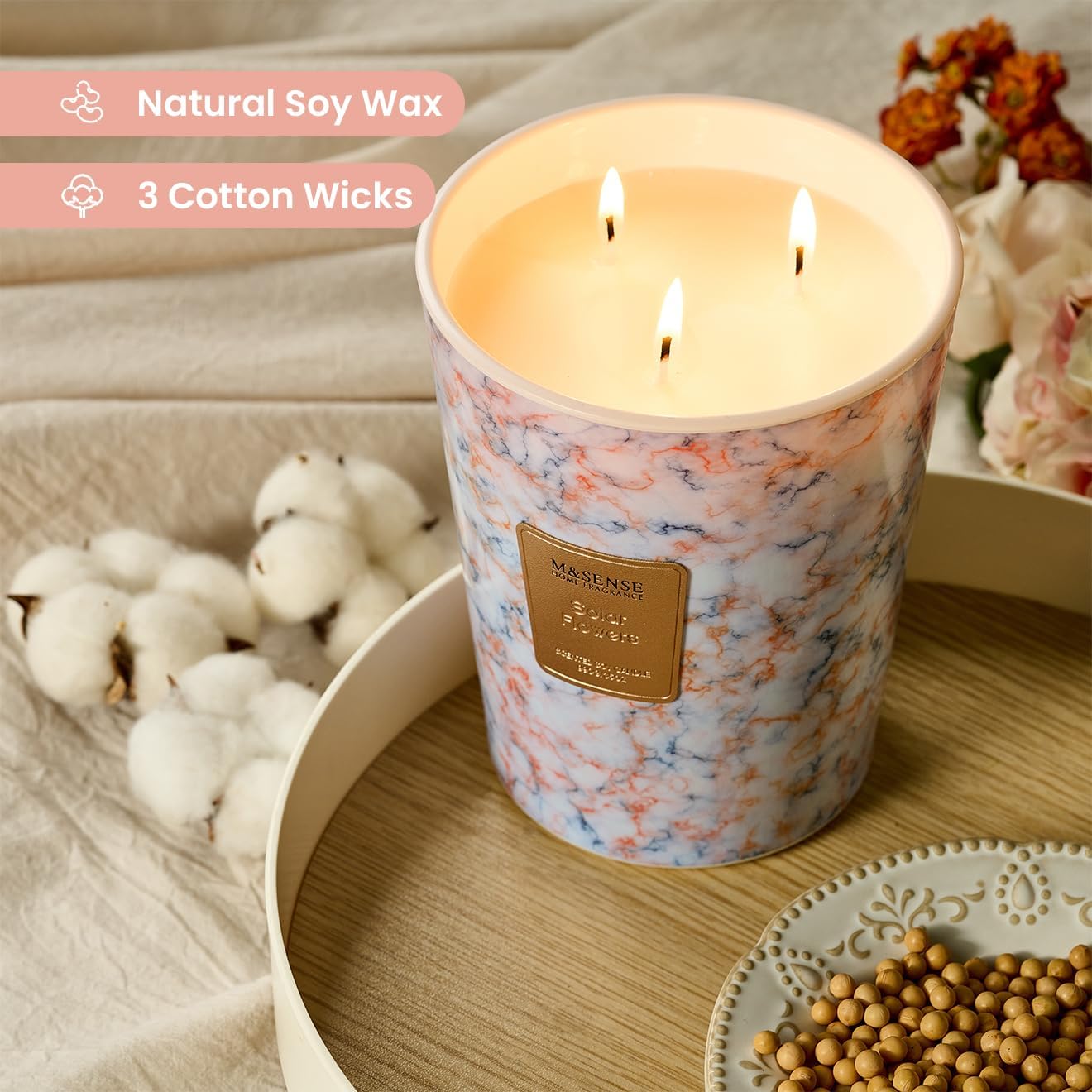 M&SENSE SolarFlowers Scented Candles for Home, 3-Wick Highly Scented Jar Candles, Extra Large Candle 35 Oz 150 Hours Long Lasting Burning, Relaxing Aromatherapy Candle for Stress Relief,Meditation