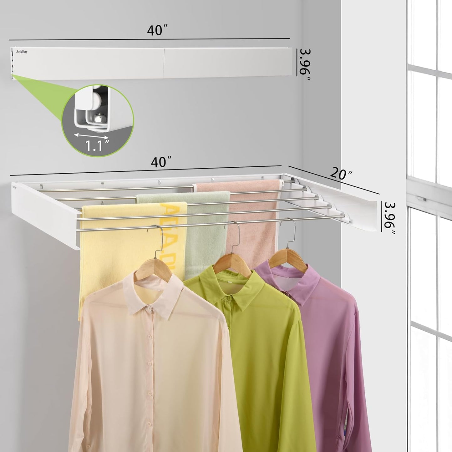 Wall Mounted Laundry Drying Rack, Retractable Clothes Drying Rack for Bathroom with Wall Template, 5 Stainless Rods Heaving 60 lb Capacity (White, 40")