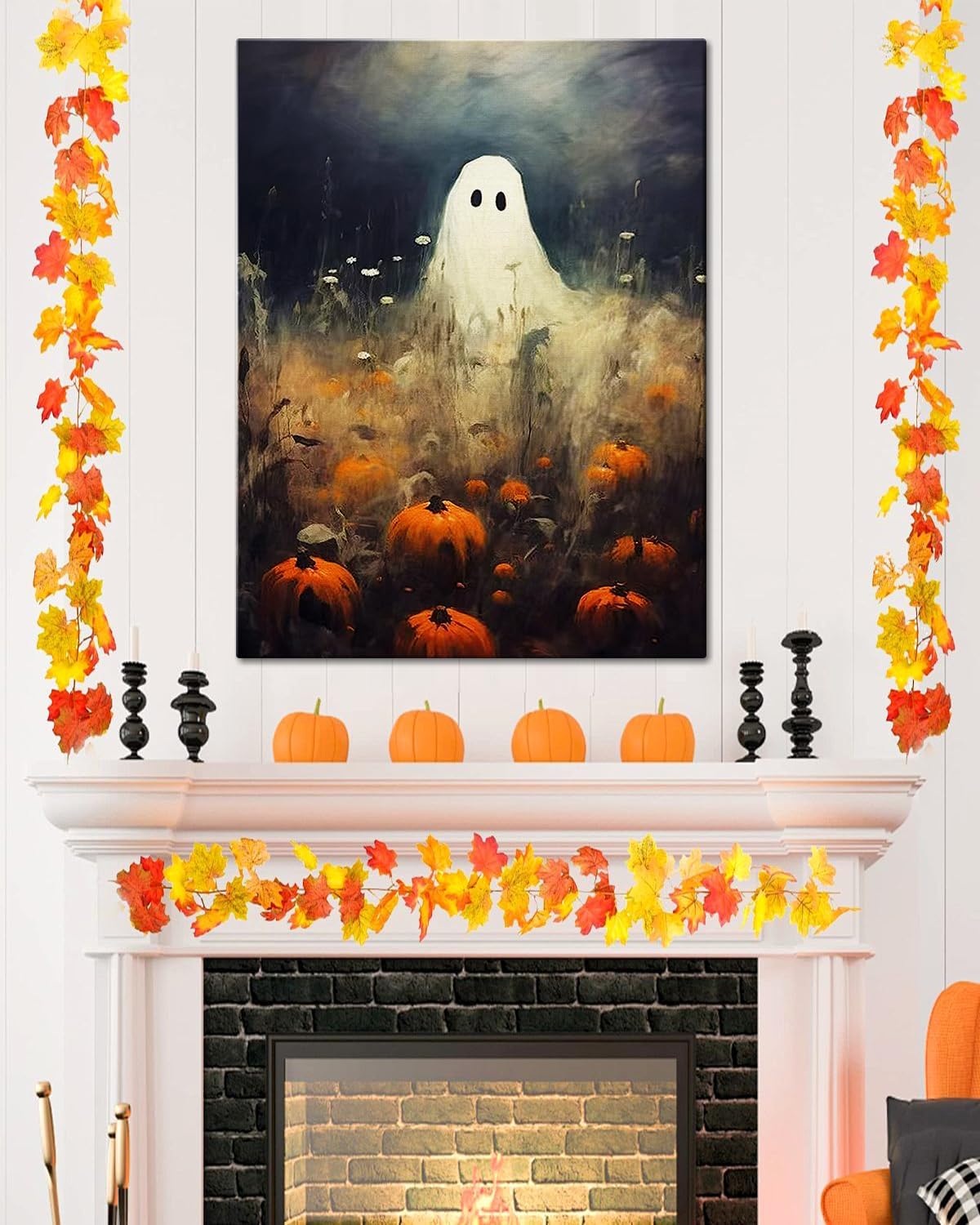 Halloween Canvas Wall Art, Spooky Ghost in Pumpkin Patch Poster, Vintage Gothic Fall Decor, Dark Academia Fall Decor for Living Room, Framed Indoor Halloween Decorations