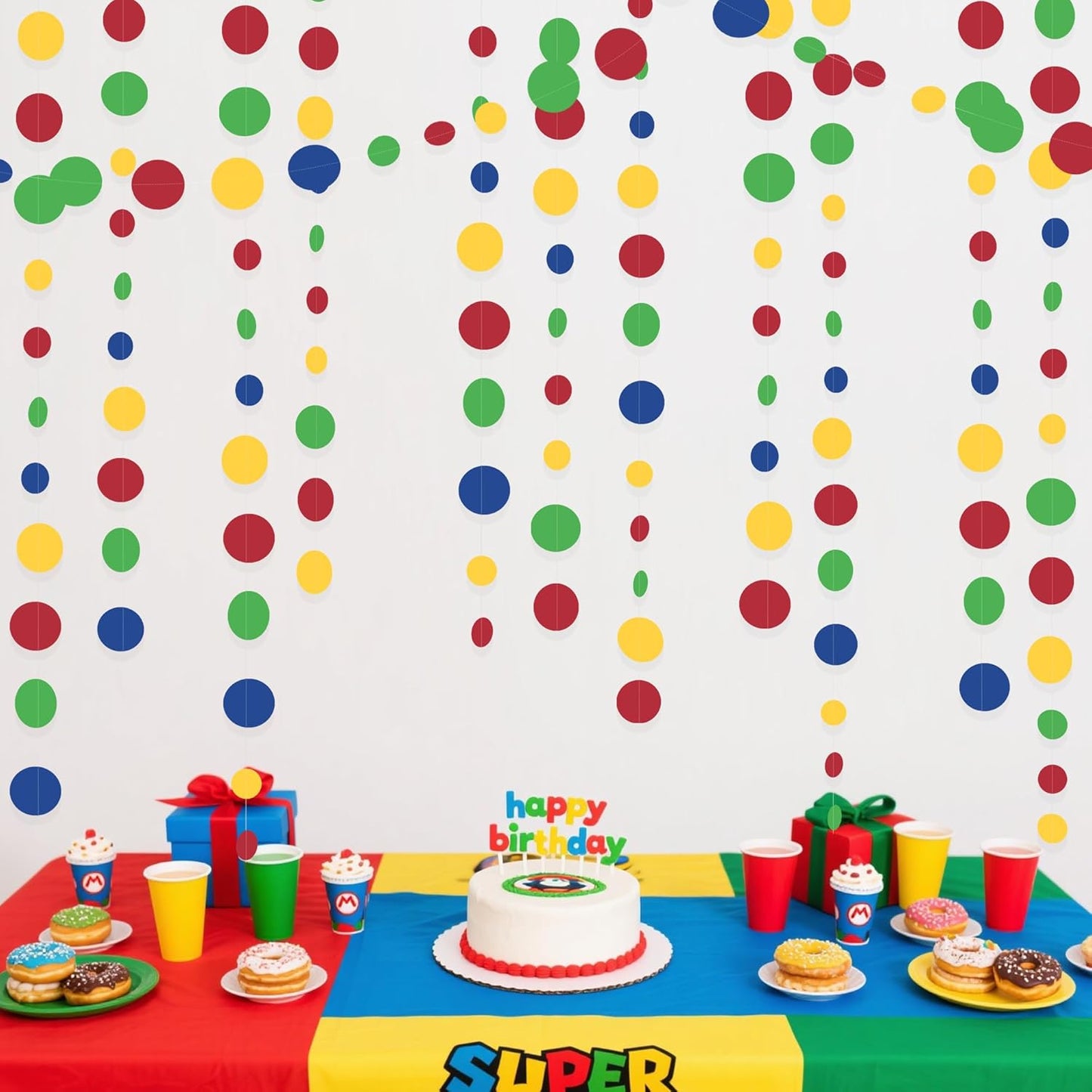 Super Mario Party Decorations Circle Dot Garland Red Blue Yellow Green Hanging Paper Polka Dot Streamer for Birthday Baby Shower Wedding Bridal Shower Carnival Circus Clown Fiesta Party Supplies