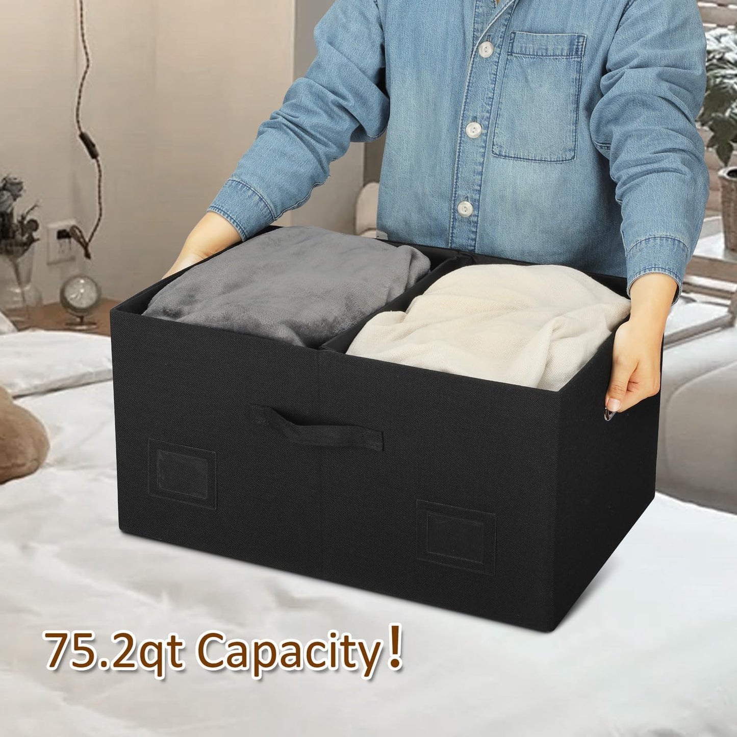 75 Quarts Extra Large Decorative Storage Bins with Lids, 3 Packs Black Collapsible Storage Bins with Lids, Stackable Storage Bins Decorative Box Storage With Lid Extra Large