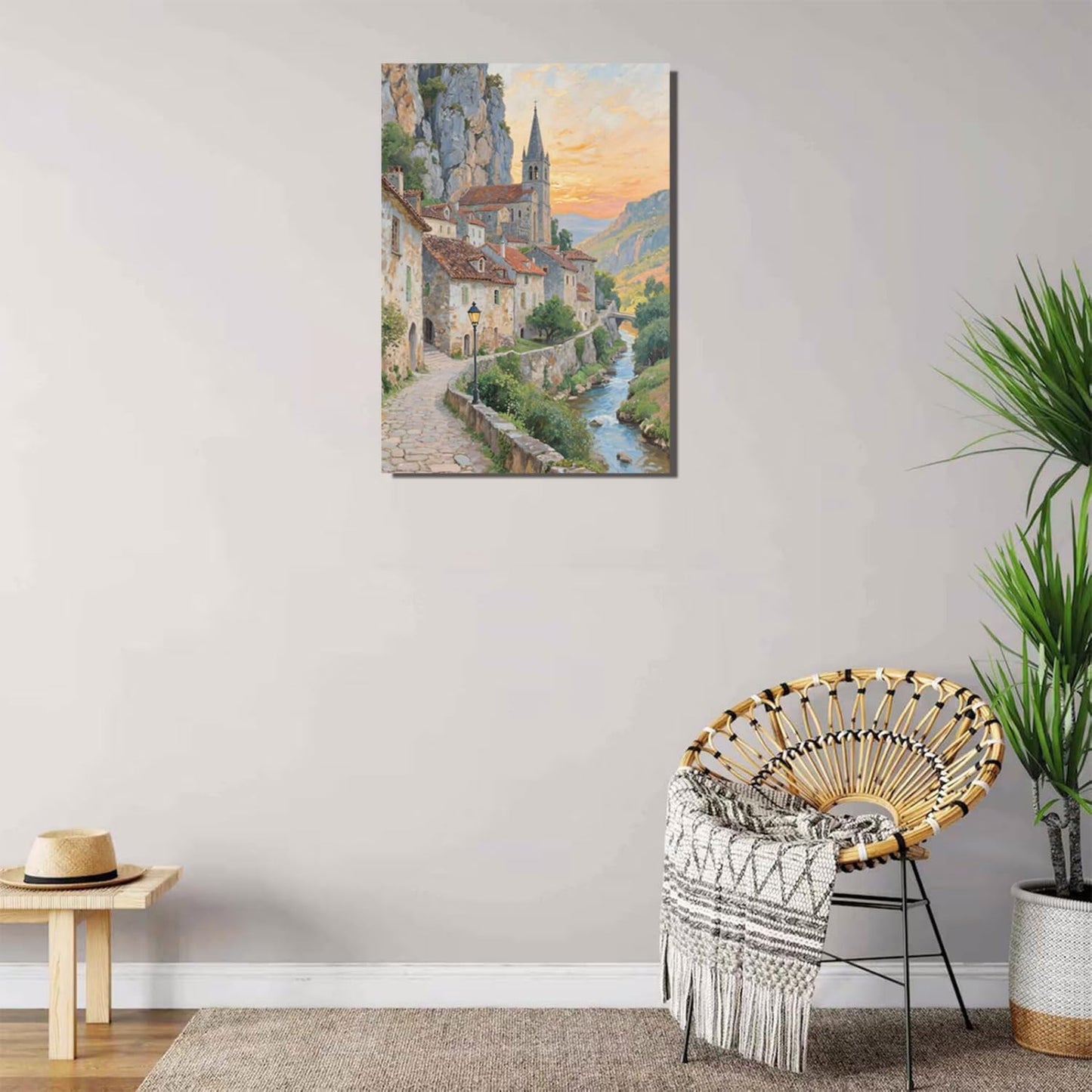 Small town scenery poster on the bank of the mountain stream is suitable for living room bedroom and office natural oil painting poster
