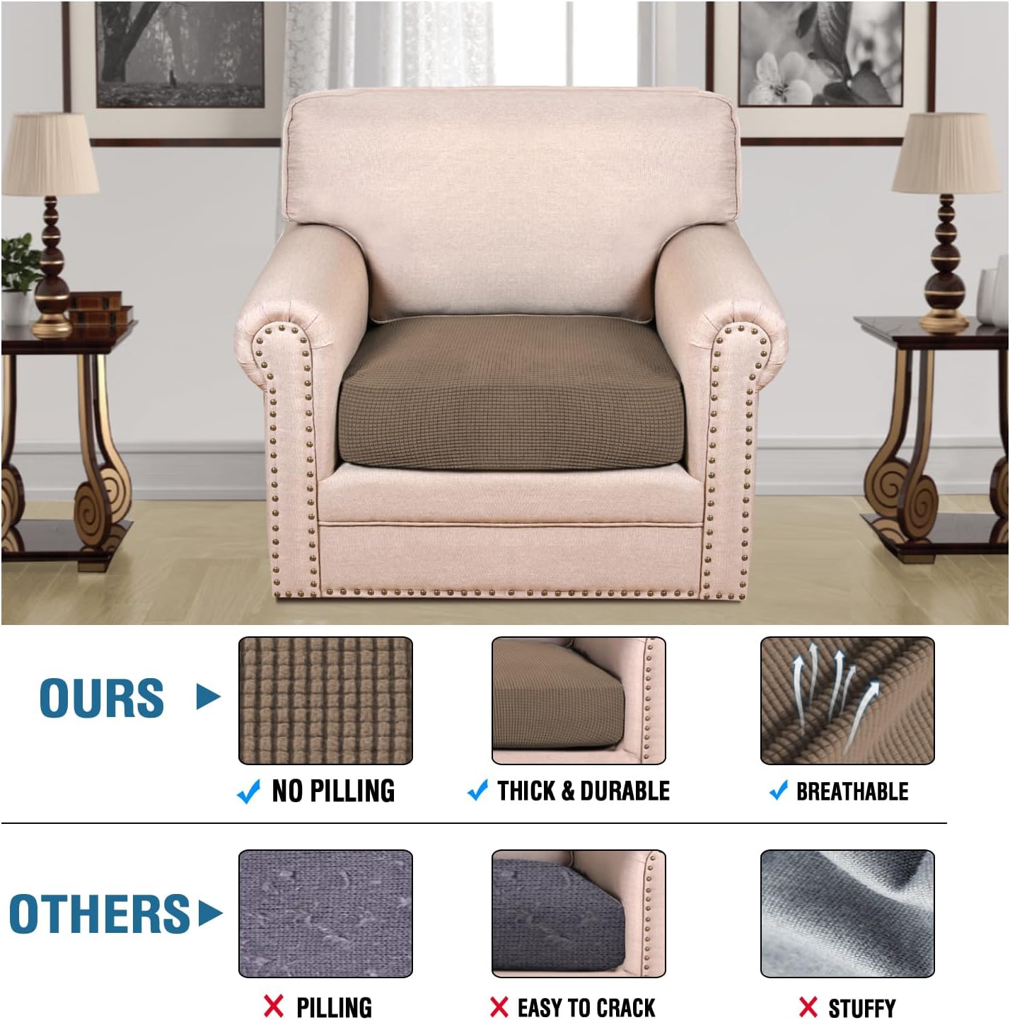 H.VERSAILTEX Super Stretch Individual Seat Cushion Covers Sofa Covers Couch Cushion Covers Slipcover Sets Thick Jacquard Textured Twill Fabric (1 Piece Chair Cushion Cover, Macchiato)