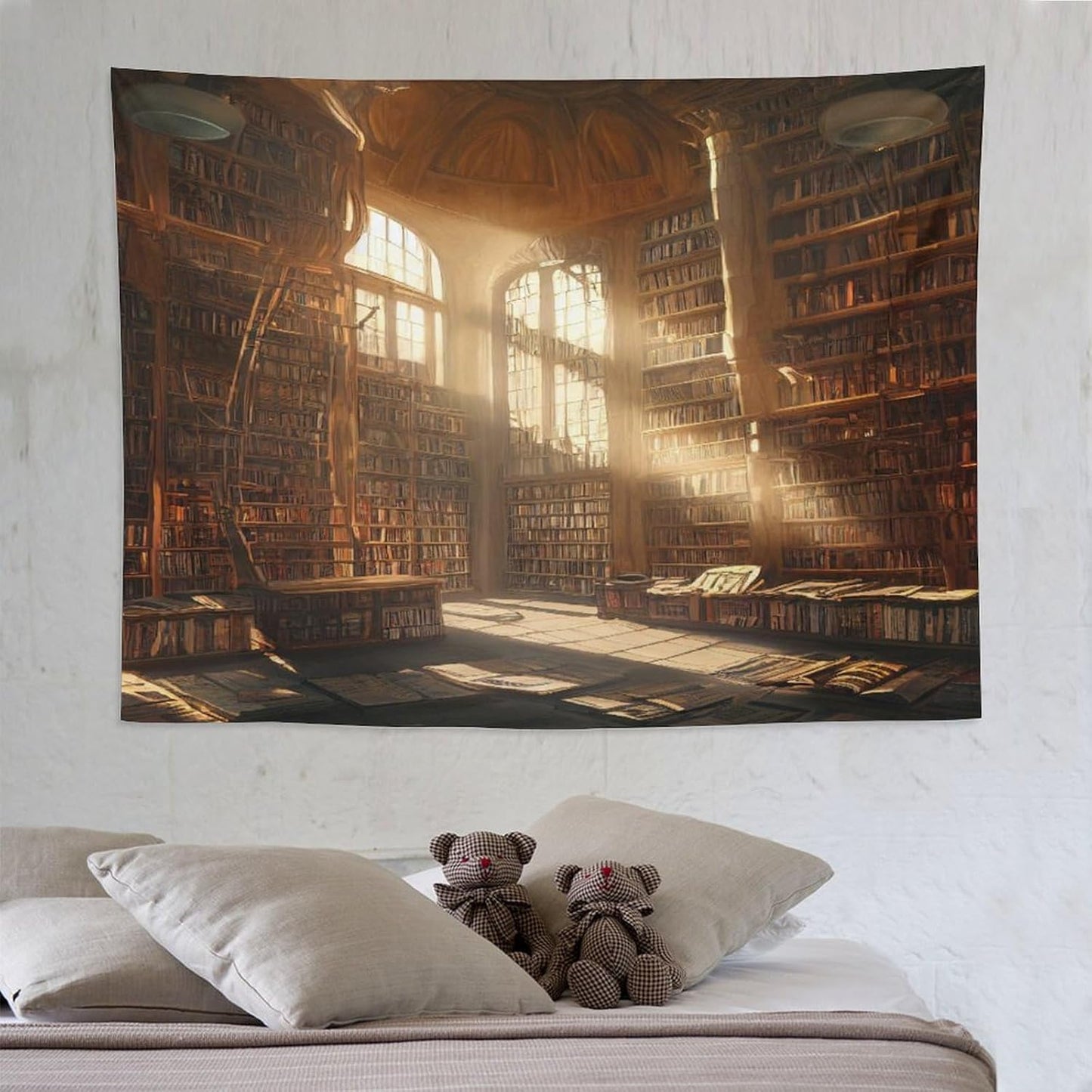 Kurtect Retro Bookshelf Tapestry,Medieval Mid Century Library Building Pattern Print Tapestries for Party Beach Picnic Blankets Tablecloths Living Room Wall Deocr, 60x80 in