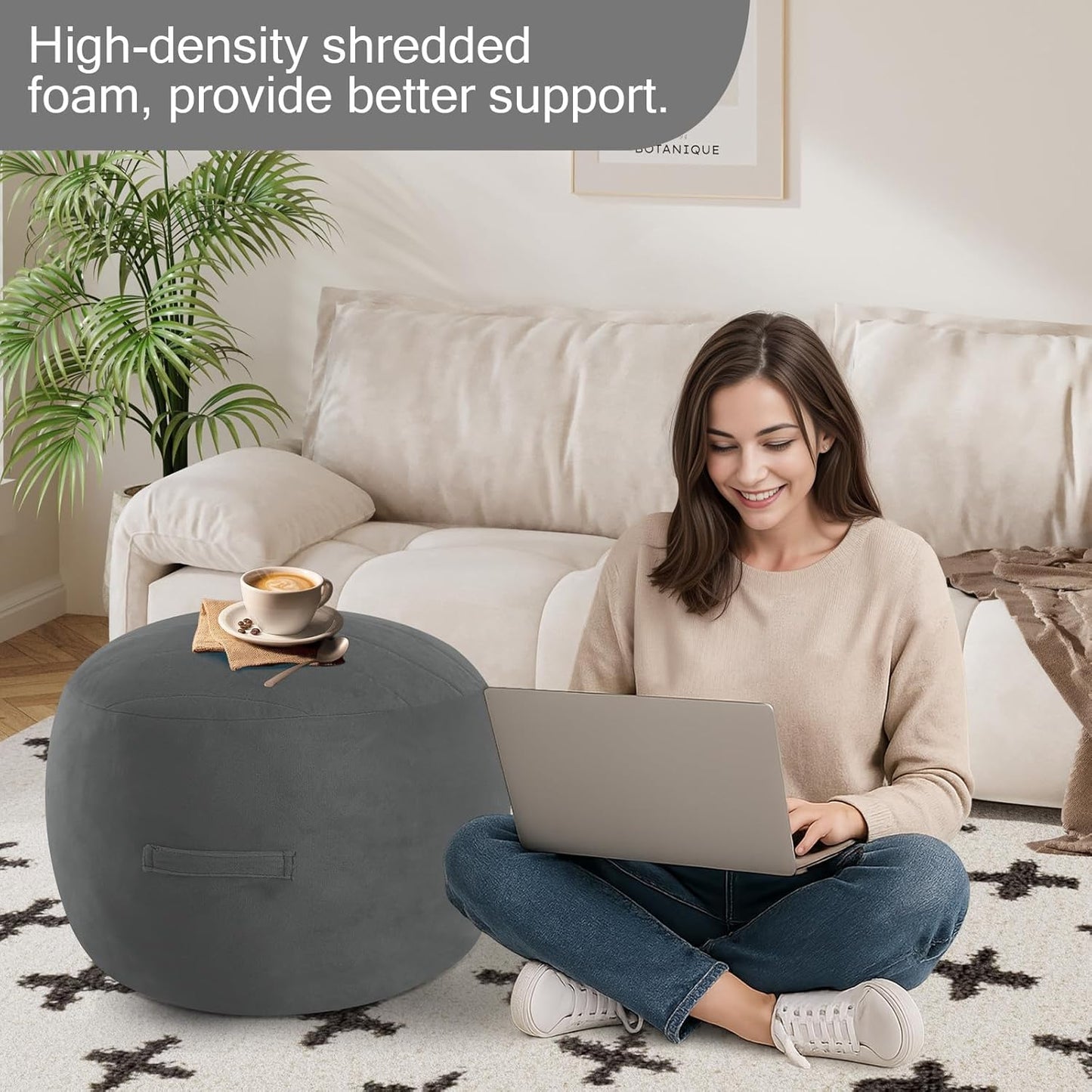 MeMoreCool Round Stuffed Pouf Ottoman Foot Rest, Floor Pouf Foot Stool with Soft Foam Chunk Filling, Small Round Ottoman Footstool Circle Footrest for Living Room, Dark Grey