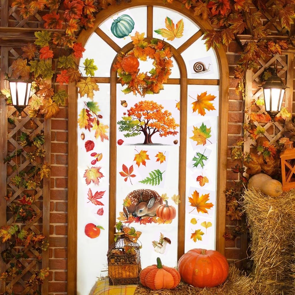 Fall Window Clings 9 Sheets Large-Size Window Clings for Glass Windo Decoration Autumn Leaves Animals Woodland Home Bedroom Nursery Room Windo Decals
