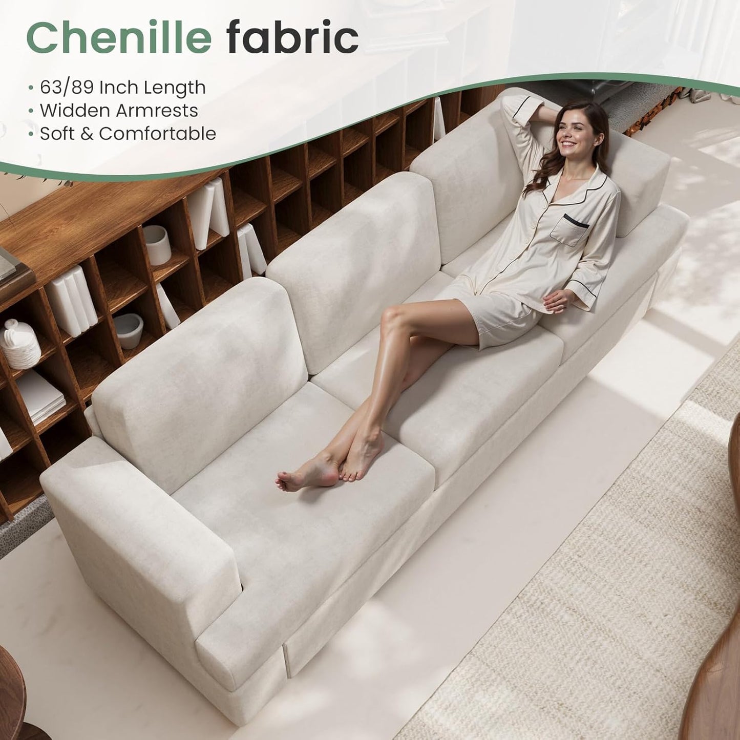 Sofa, 3 Piece Set Comfy Sofa, 2 Loveseat & 3 Seater Couch with Deep Seats for Living Room, Modern Sleeper Couch, Beige Chenille