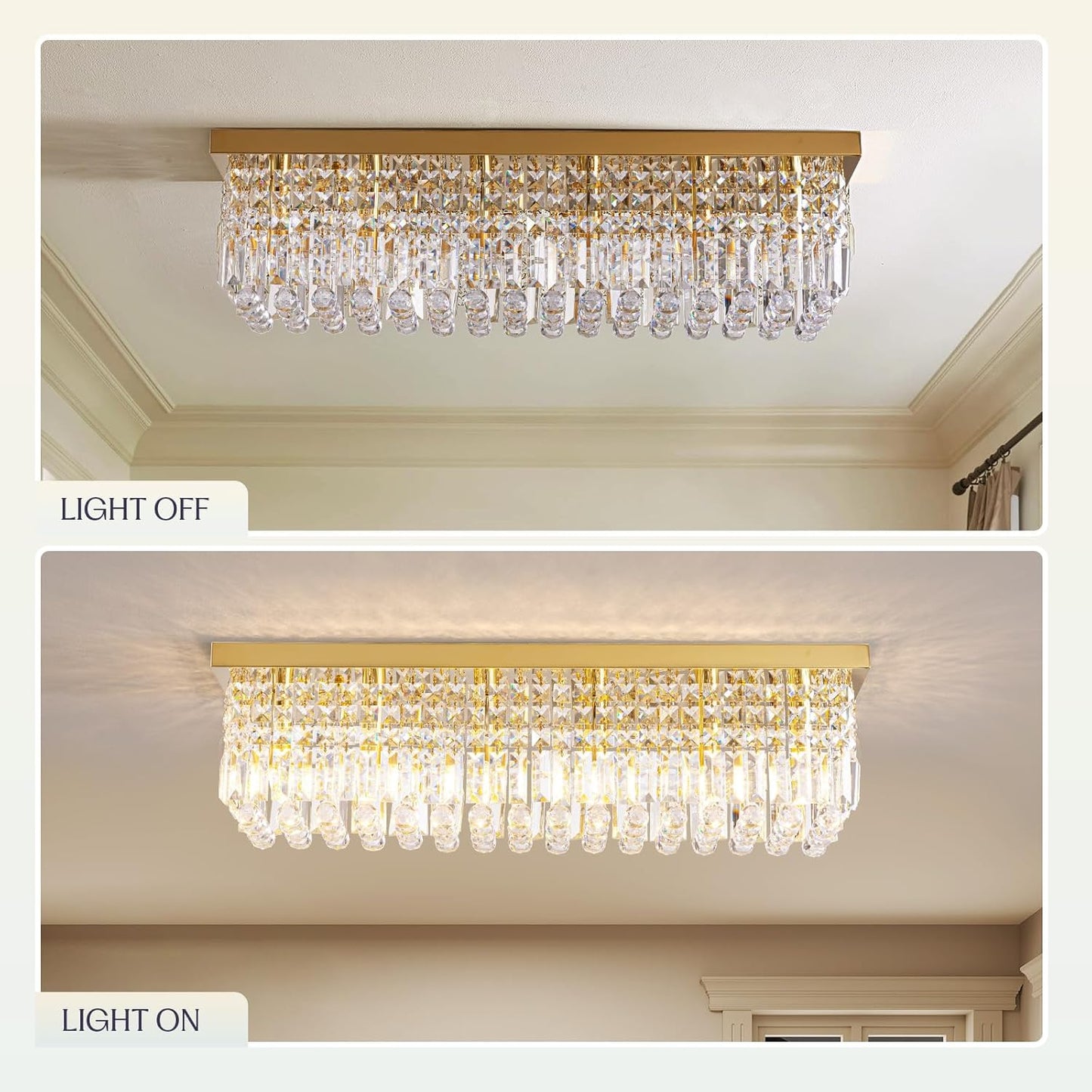 Modern Crystal Chandelier, 6 Lights Luxury Gold Rectangular Flush Mount Ceiling Light, Dining Room Light Fixture, Rectangle K9 Crystal Raindrop Chandelier for Living Room Bedroom L31.5 Inch