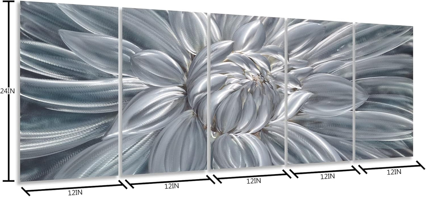 Yihui Arts Silver Metal Flower Wall Art, 5 Pieces Aluminum Artwork, Contemporary Botanical Sculpture for Living Room Bedroom Bathroom Decor