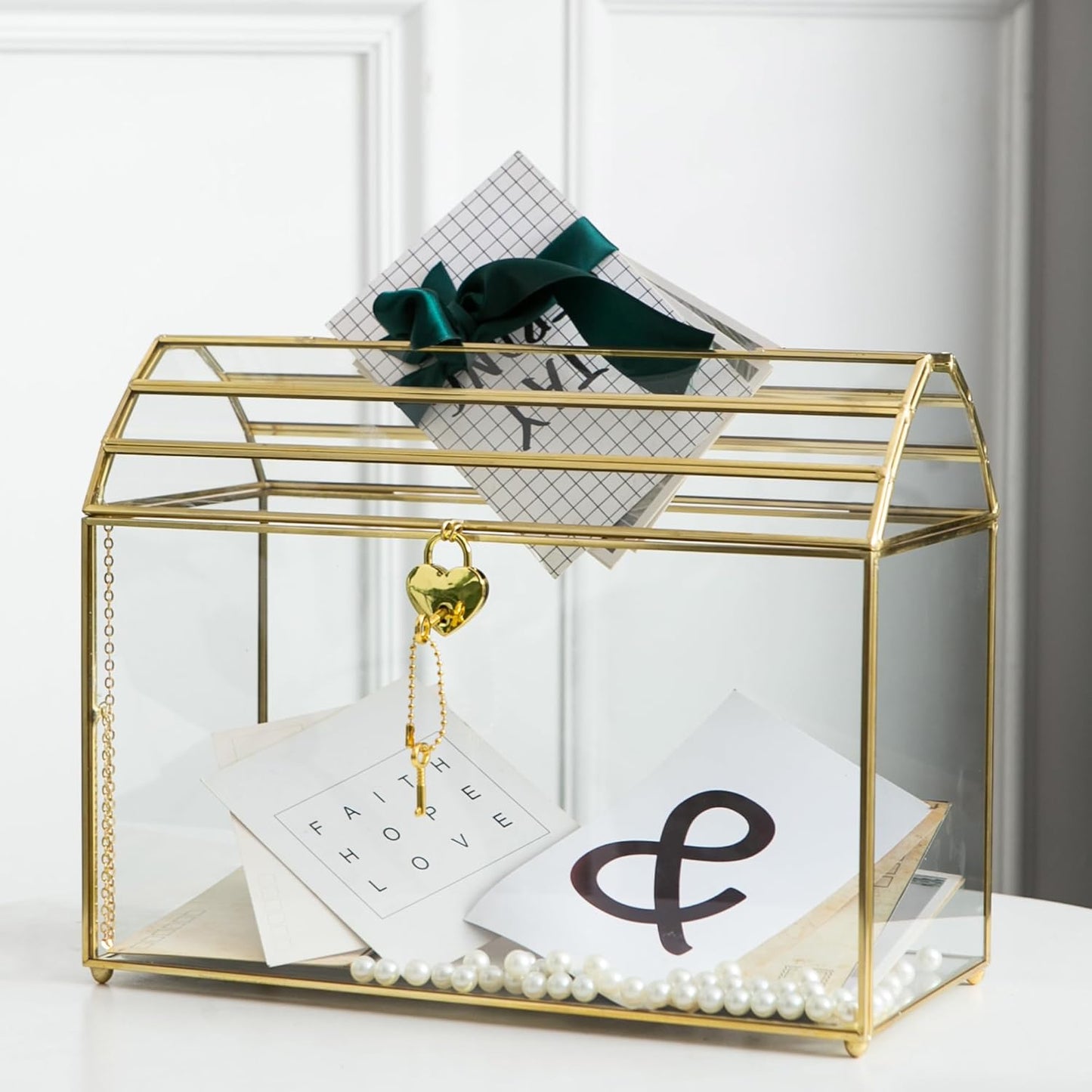 Wedding Card Box with Slot, 12.2'' Large Glass Card Boxes for Reception, Gold Card Holder, Clear Decorative Storage Box with Lock for Baby Shower, Birthday Party, Christmas, Bridal Shower