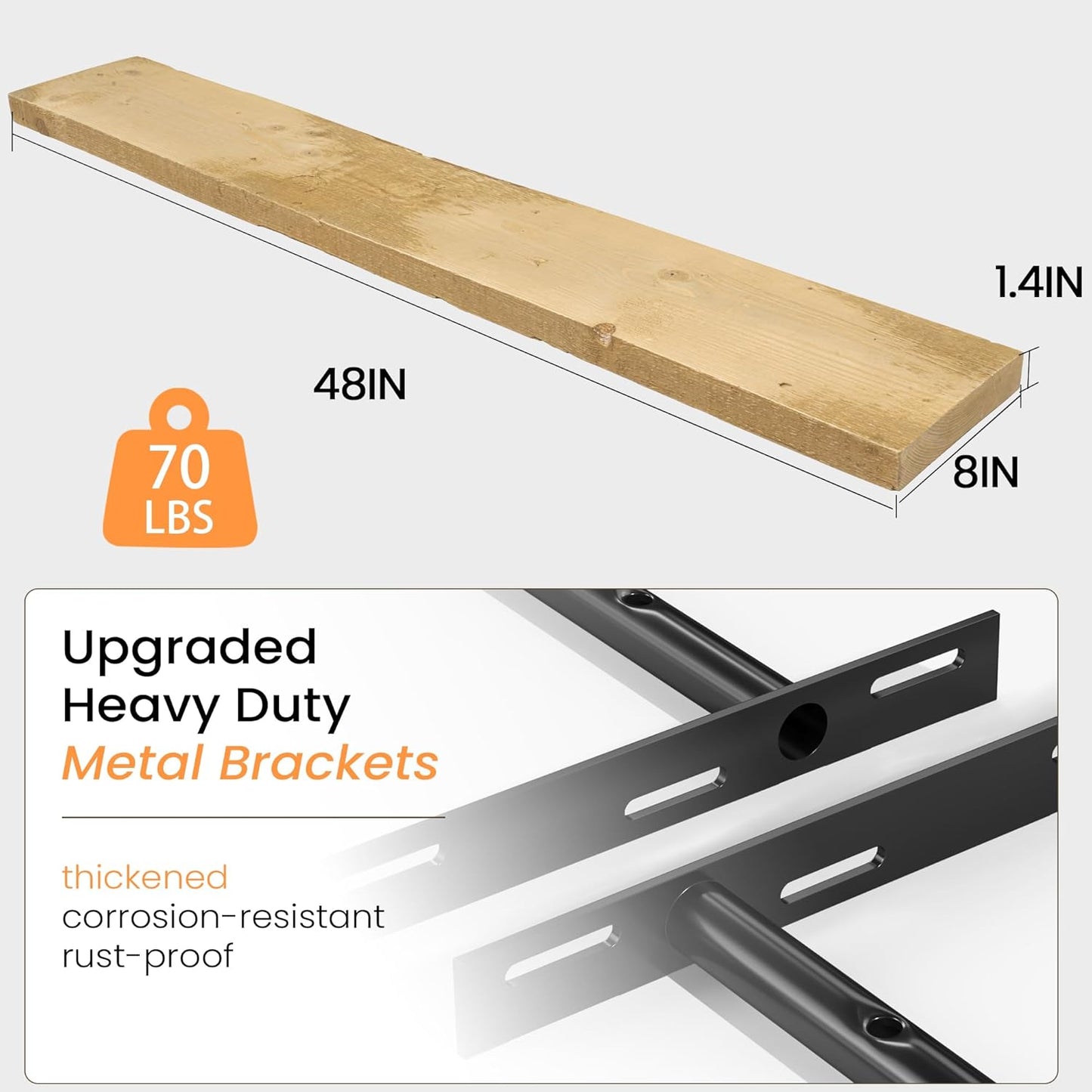 Fun Memories Floating Shelves for Wall Decor, 48"x8" Rustic Reclaimed Wood Shelves, Heavy-Duty Wall Mounted Shelves with Invisible Brackets for Living Room, Bedroom, Kitchen, Natural Finish, Set of 2