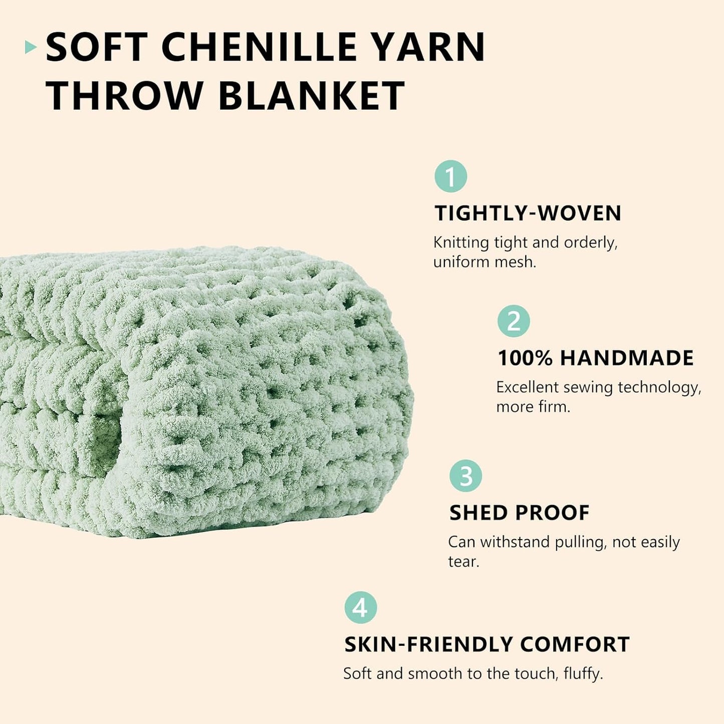 L'AGRATY Chunky Knit Blanket Throw: 60''x80'' Chenille Chunky Knitted Throw Blanket for Bed Couch - Handmade Thick Big Cable Knit Blanket - Large Crochet Rope Blanket for Home Decor(Milky Green)