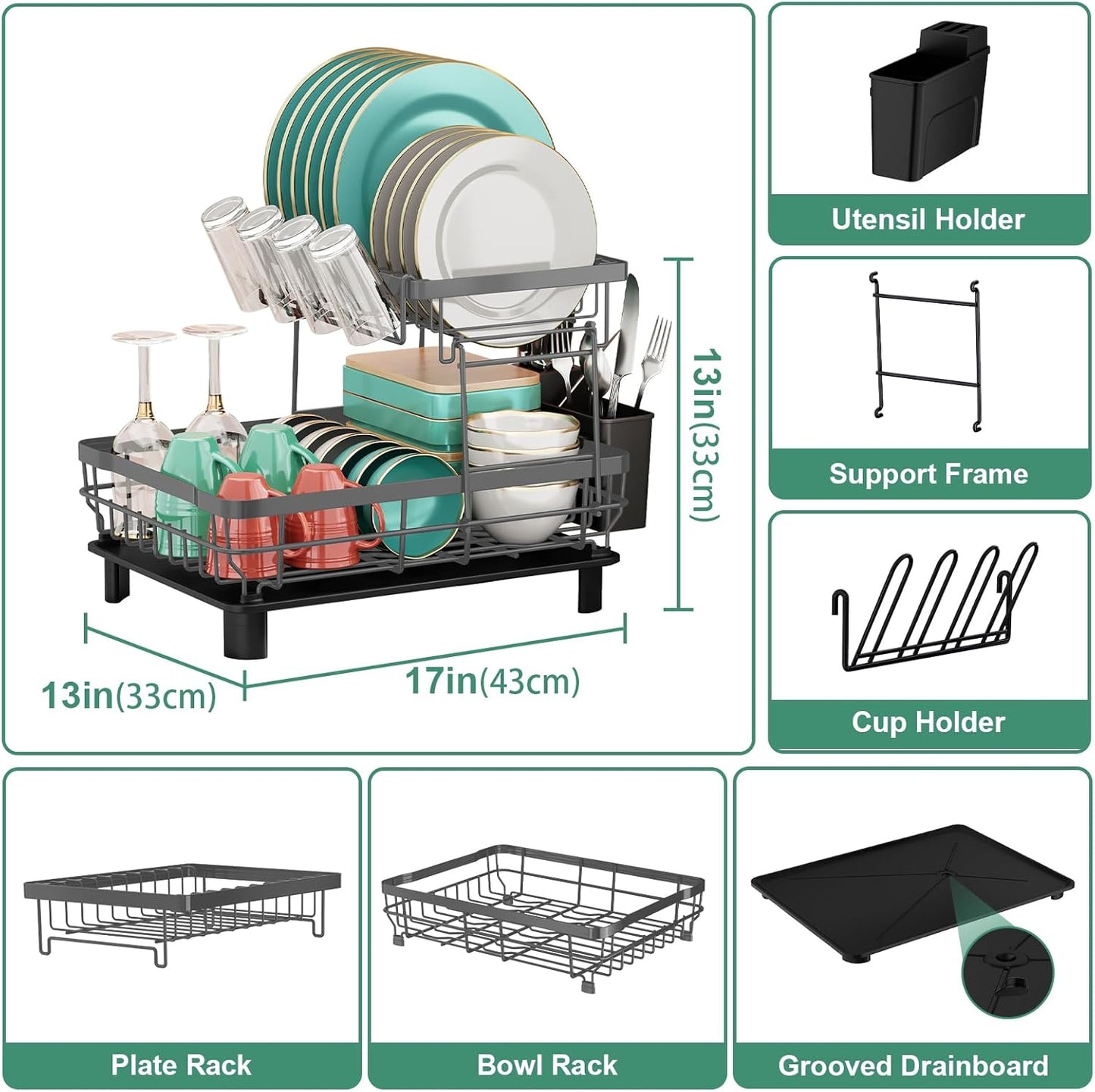 MOUKABAL Dish Drying Rack, 2 Tier Dish Rack, Large Dish Racks for Kitchen Counter, Dish Drainer with Removable Utensil Holder, Drainboard (Grey)