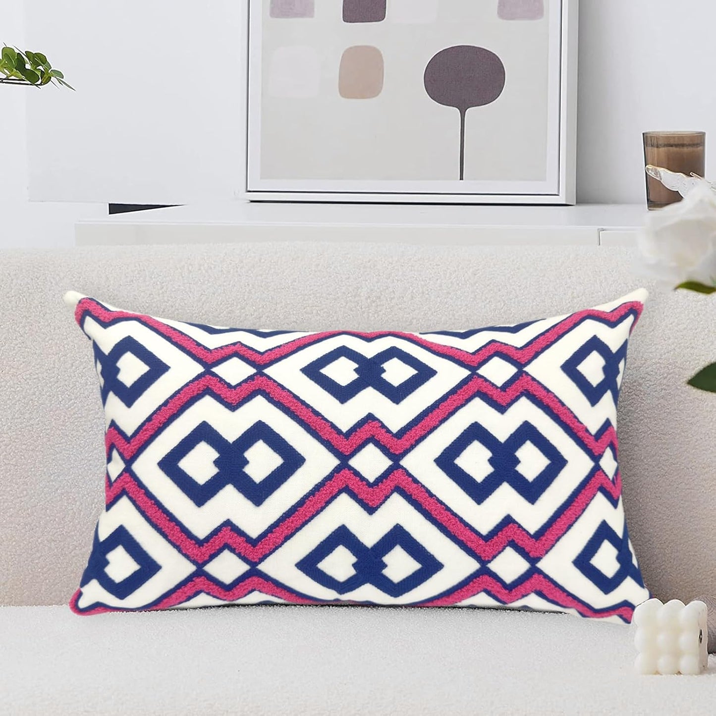 Alysheer Embroidered Lumbar Decorative Throw Pillow Cover 12"x 20", Classic Boho Geometric Embroidery Pattern Cotton Rectangular Cushion Case for Sofa Couch Living Room Bedroom(Blue Pink)