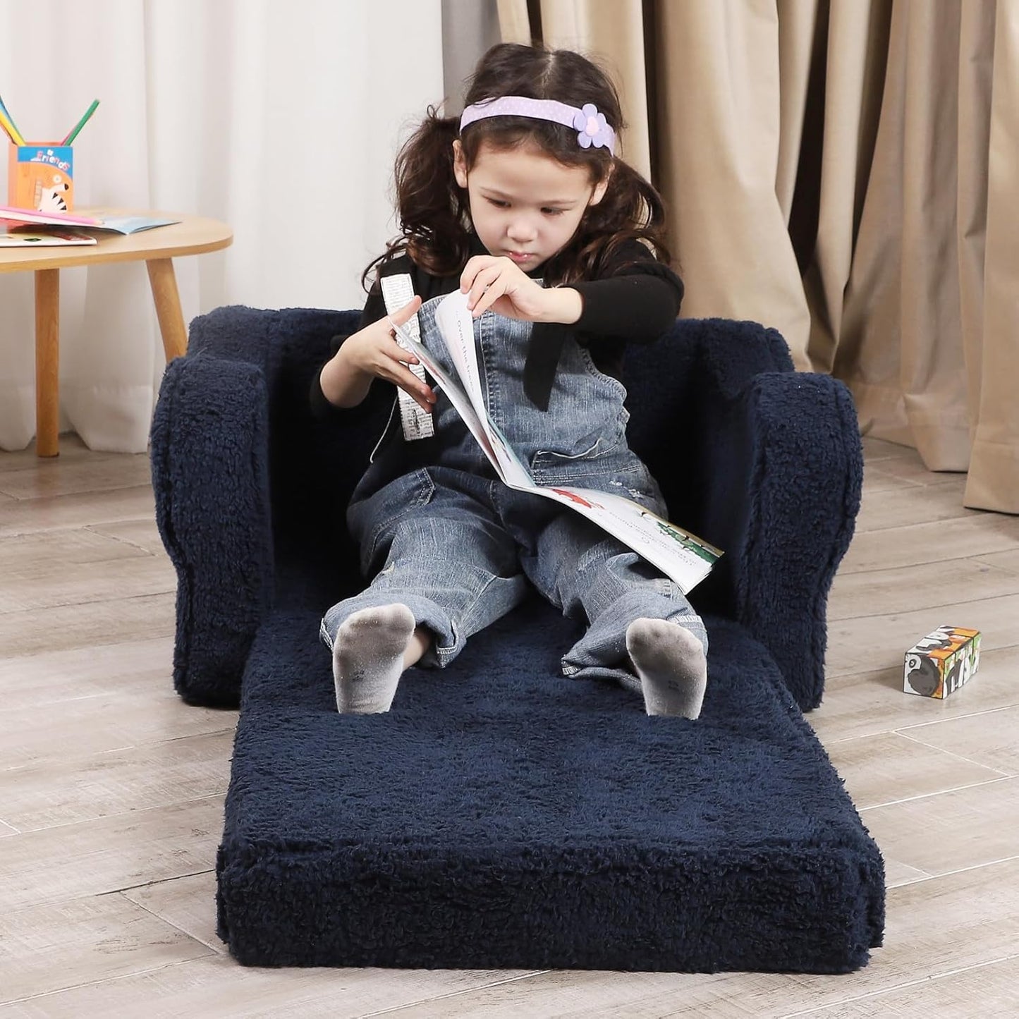 Kids Chairs for Toddler, 2-in-1 Toddler Soft Sherpa Couch Fold Out, Convertible Sofa to Lounger for Girls and Boys, Dark Blue