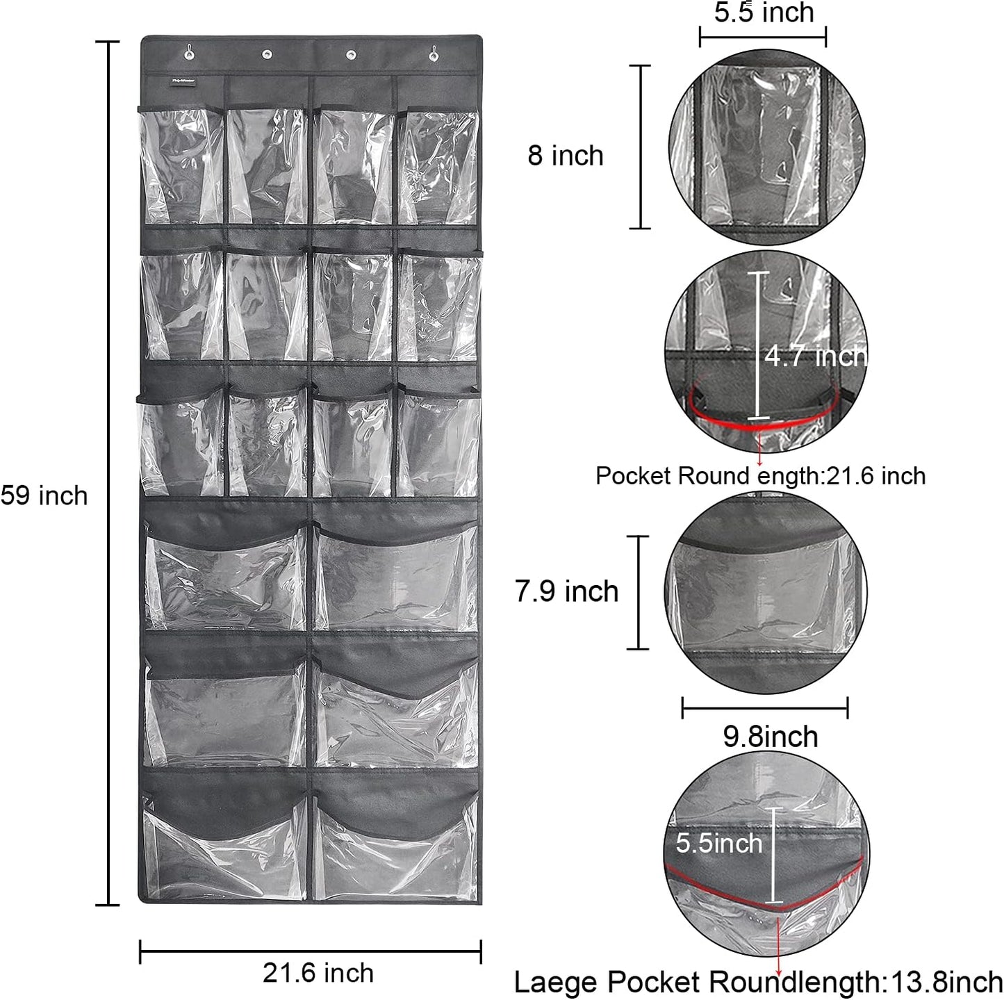 Extra Large Hanging Over Door Shoe Organizer, Closet Shoe Rack - 12+6 Crystal Pockets, 4 Hooks, Black (59"x 21.6")