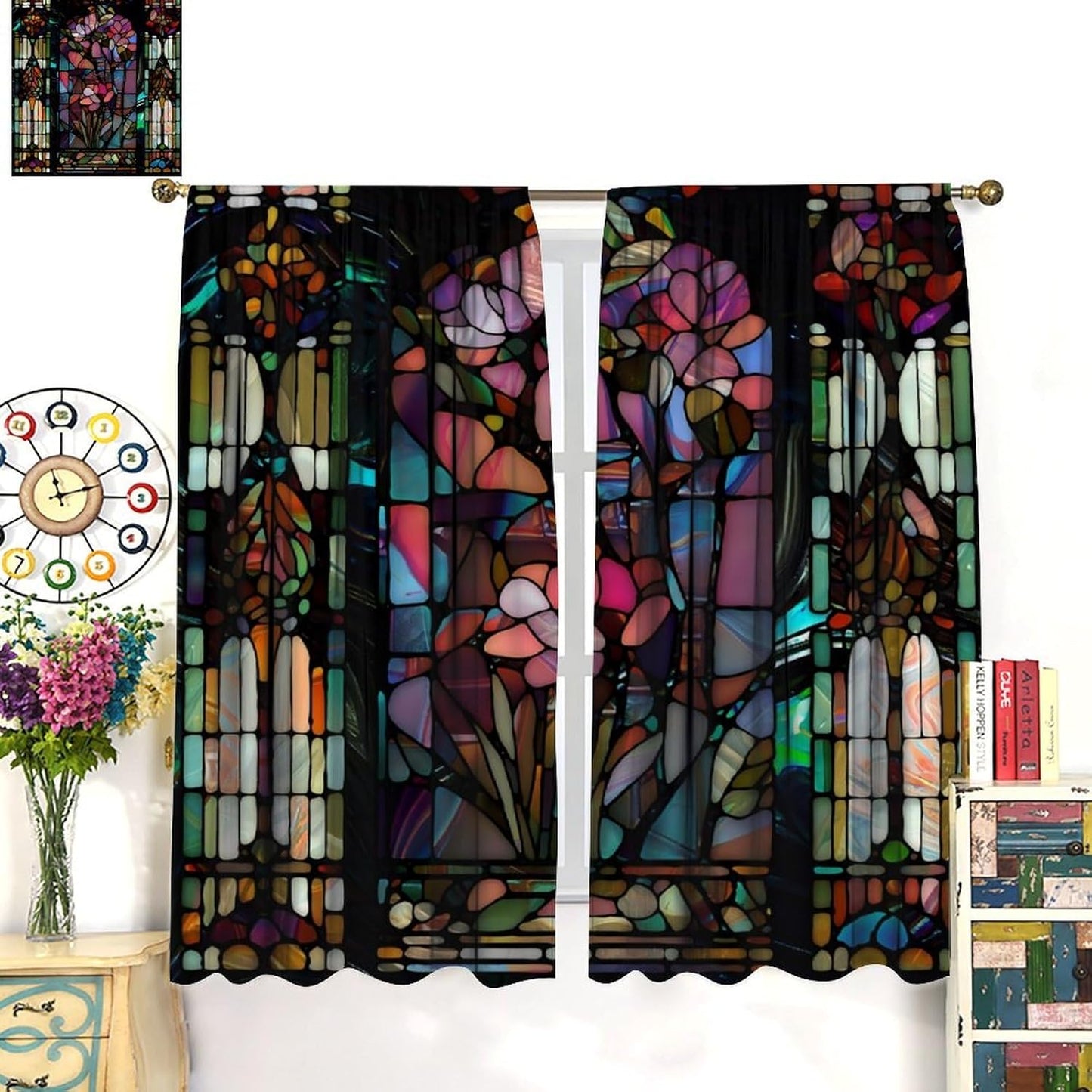 Stained Glass Curtains,Vintage Colorful Abstract Art Home Decor Drapes for Bedroom Living Room Kitchen Window Treatment 2 Panels Set Total Size 63" W X 63" L Inch