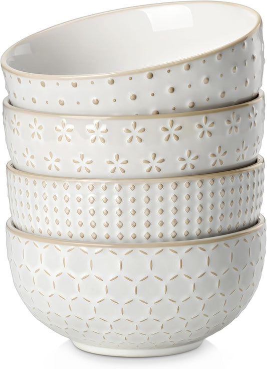 MALACASA Cereal Bowls, 30 Ounce Ceramic Soup Bowl for Kitchen, Stoneware Bowls Set of 4 with Embossment for Pho, Chip, Fruits, Salad, Noodle, Ramen - 6 Inch, Arctic White Series LYDIA