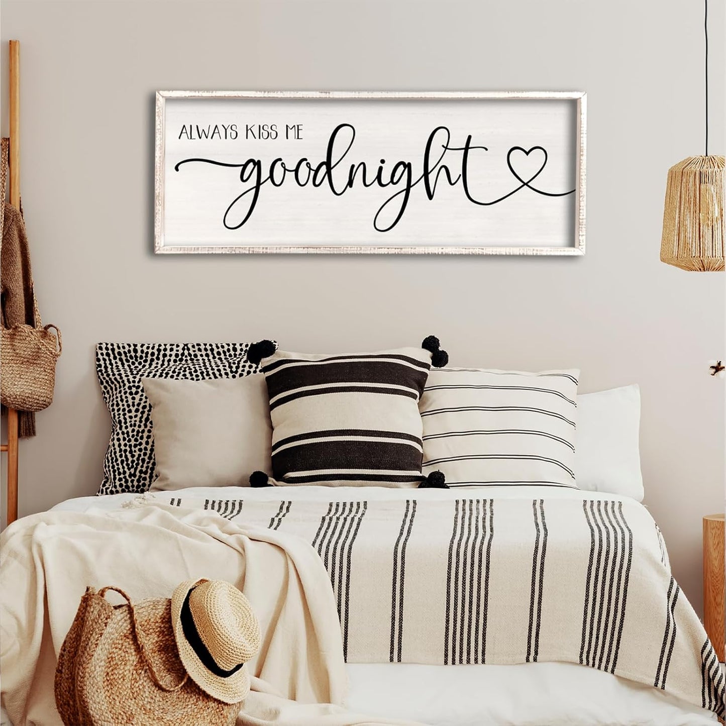 flowtorely Always Kiss Me Goodnight Wall Sign For Master Bedroom Above Bed Wall Decor 32''×12'' Large Rustic Solid Wood Frame For Farmhouse Couples Above bed Wall Art Decoration (White)