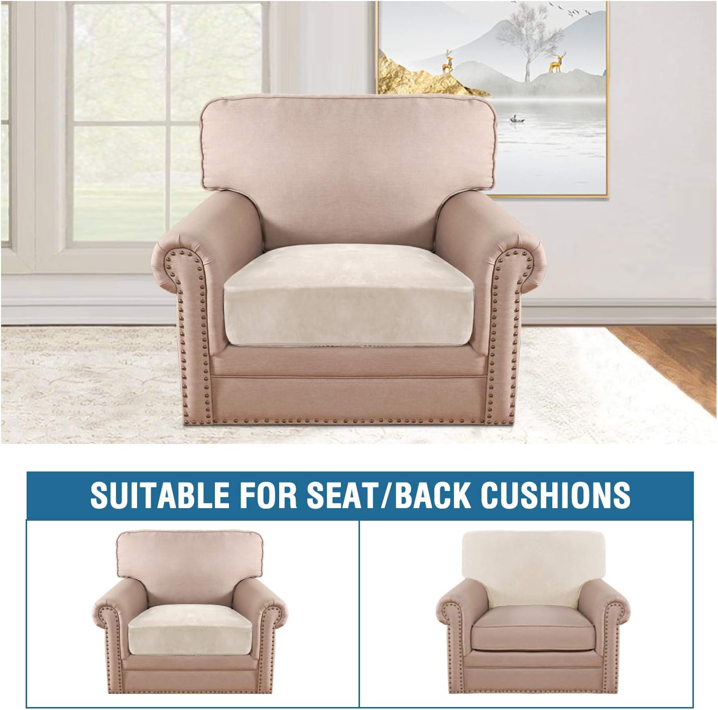 H.VERSAILTEX Velvet Stretch Couch Cushion Cover Plush Cushion Slipcover for Chair Cushion Furniture Protector Seat Cushion Sofa Cover (1 Piece Armchair Cushion Covers, Ivory)