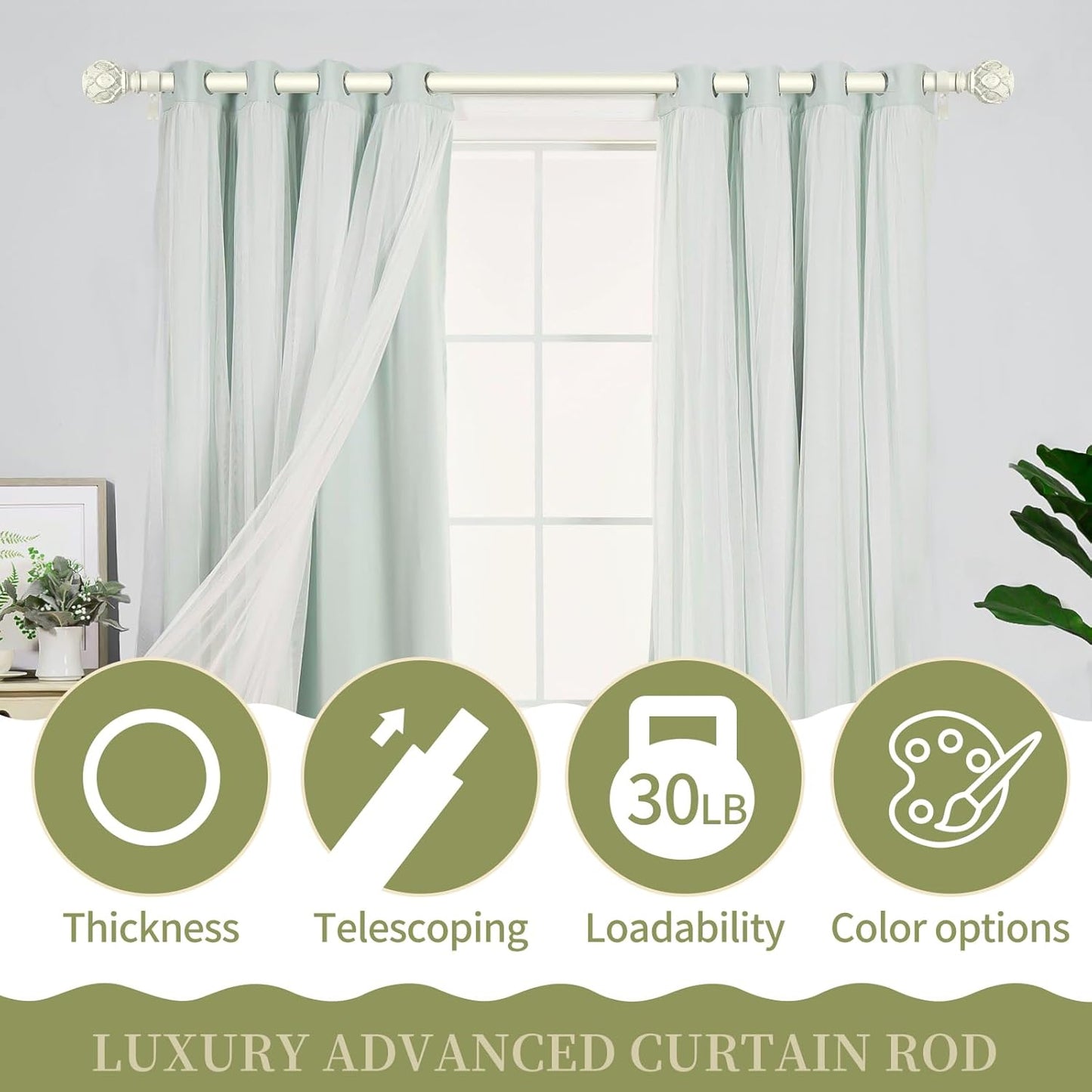White Farmhouse Curtain Rods for Windows:66-120" Heavy Duty Adjustable Curtain Rod for Bedroom Living Room,Boho Decorative Rustic Drapery Rods with Vintage Coastal Texture Finial,Antique White