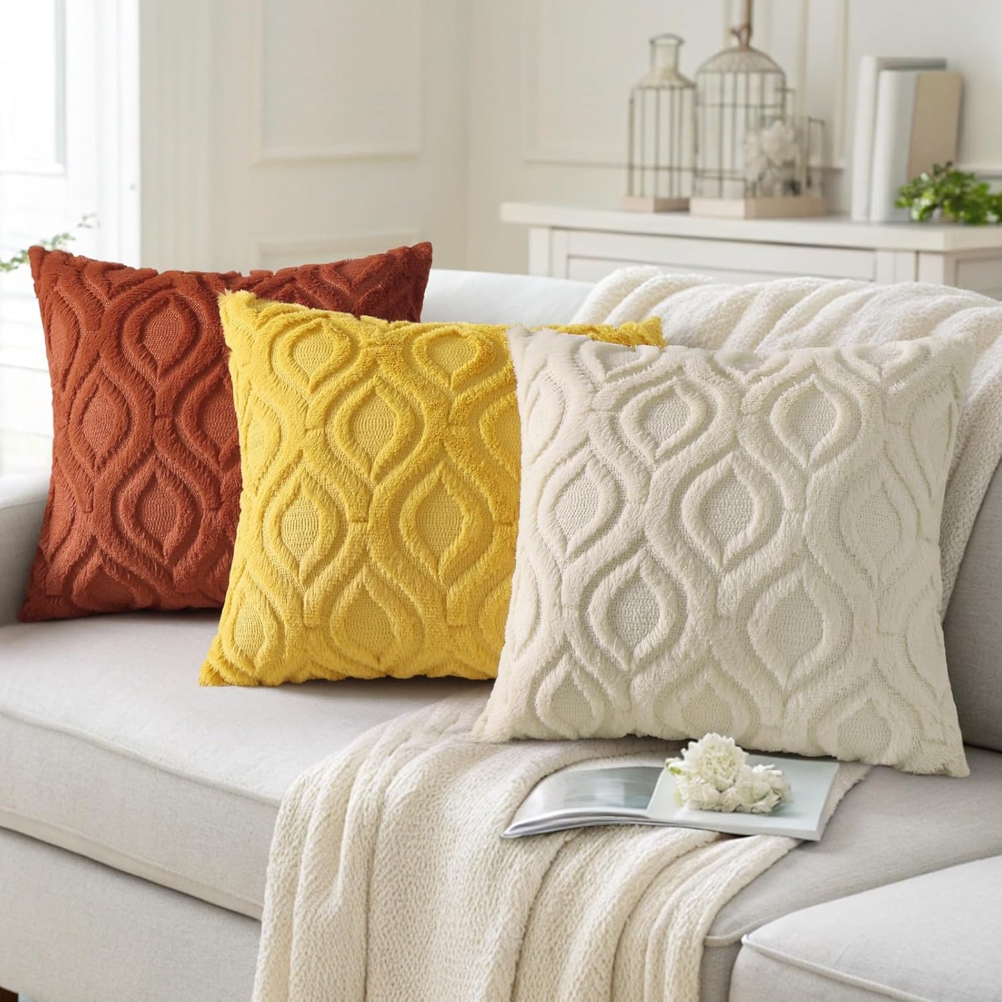 decorUhome Throw Pillow Covers 20x20 Inch Set of 2, Soft Plush Decorative Faux Fur Mustard Yellow Solid Couch Pillow Covers, Accent Farmhouse Neutral Square Euro Pillow Cases for Sofa Bed Living Room