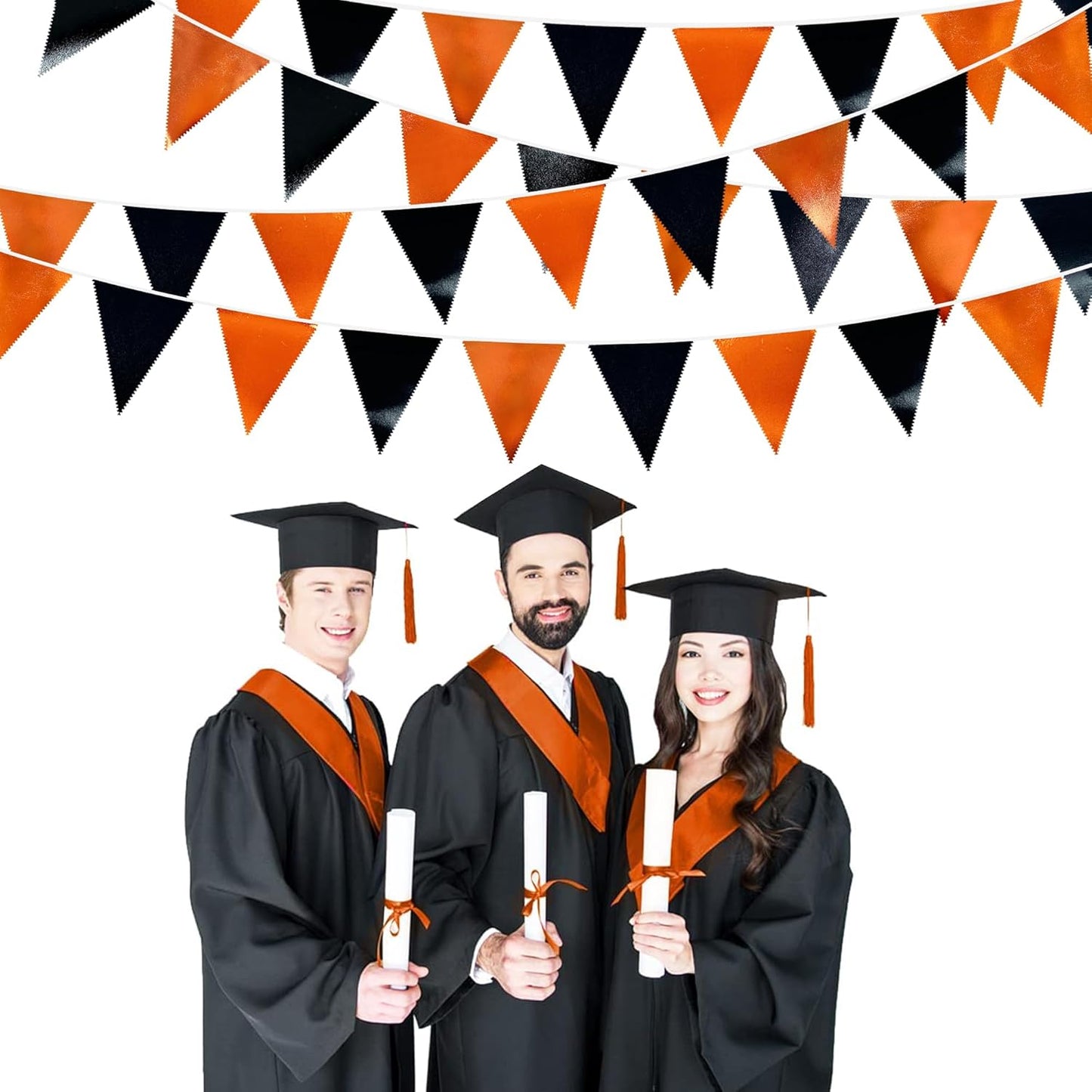 Black Orange Party Decoration Metallic Fabric Triangle Pennant Banner Flag Bunting Garland for Graduation Halloween Fall Autumn Thanksgiving Birthday Wedding Baby Shower Bridal Shower Party Supplies