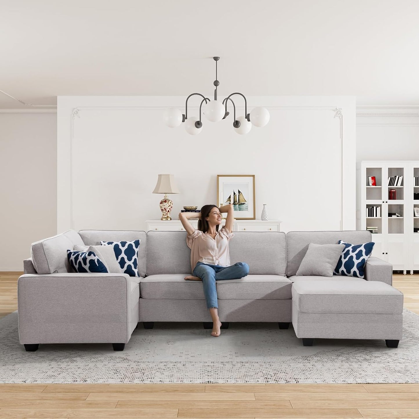 L Lengend Vansen Modular Sectional Sofa U Shaped Couch with Ottoman Modern Reversible Corner Sectional Couch for Living Room (Light Grey, U Shaped Sofa-1)