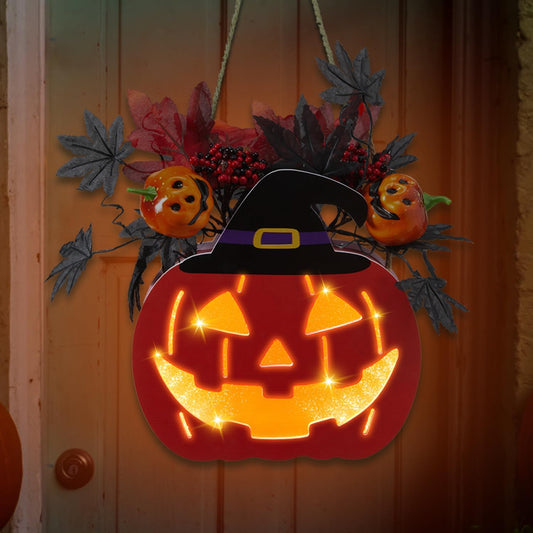 Halloween Door Decorations, Halloween Wreath Decorations Double-Sided Pumpkin with Timer Function, Light up Jack O Lantern for Front Door Window Wall Outside Decor, Battery Operated, 11 Inch