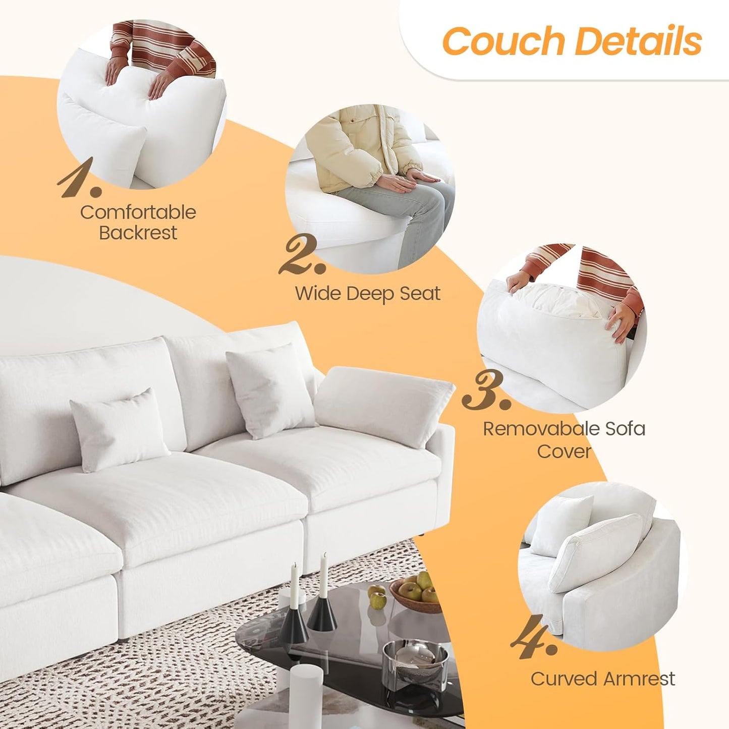 JACH Sectional Couches for Living Room, Cloud Sectional Couch with Deep Seat, Down Filled Modular Sofa, Covers Removeable & Washable,Love Seat Sofas Furniture for Living Room, White