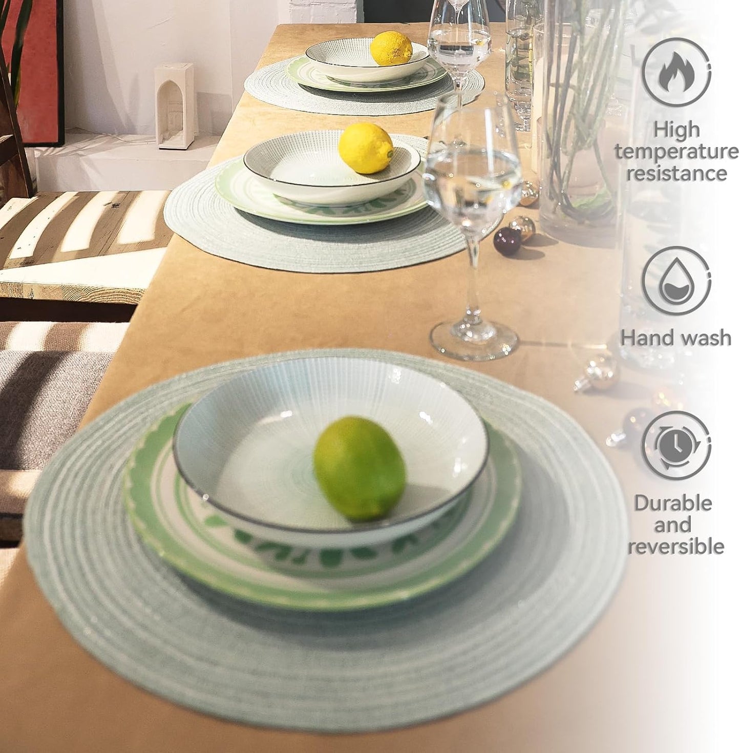 AHHFSMEI Round Braided Placemats Set of 6 Round Table Mats for Dining Tables Natural Woven Heat Resistant Place mats 15 Inch (Fog Green)