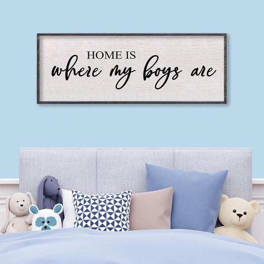Home Is Where My Boys Are Wall Decor 32"×12" mom and her boys Sign for boys room Playroom Large Wood Framed Wall Hanging Art (Black)