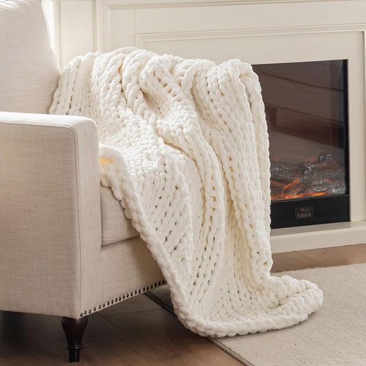 Chunky Knit Blanket Throw, 100% Hand Knit Throw Blanket Handmade Chenille Cable Knit Throw for Couch, Stylish Cozy Soft Rope Knot Crochet Blanket for Home Decor, Ivory, 40x50 Inches