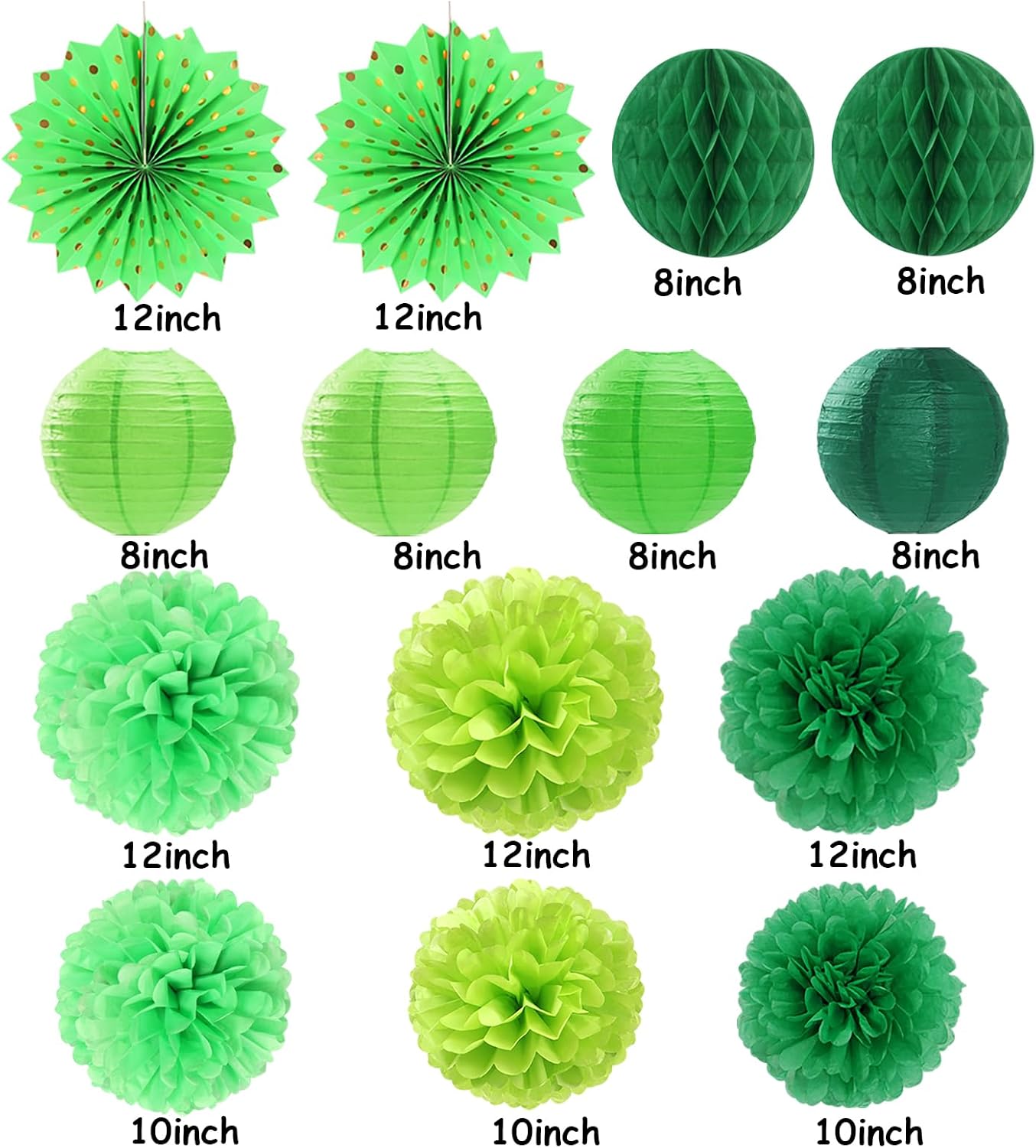 Green Party Decorations Streamers Lanterns - 14pcs St Patricks Day Paper Lanterns Fan,Tissue Pom Poms,Honeycomb Spring Summer Birthday Wedding Engagement Baby Shower Decor Ouruola