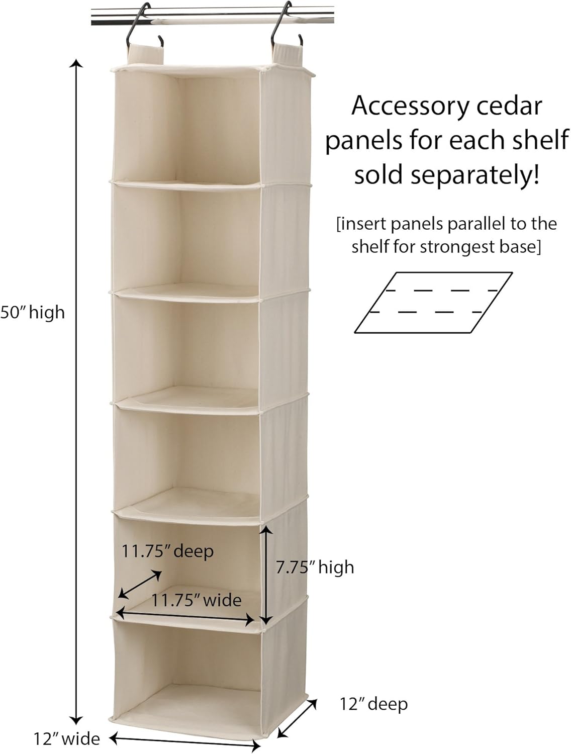 Household Essentials Cedarline 6-Shelf Hanging Closet Organizer, Heavy-Duty Cotton Canvas, Breathable, Versatile, Compact, Perfect for Rod or Wire Closets, Natural