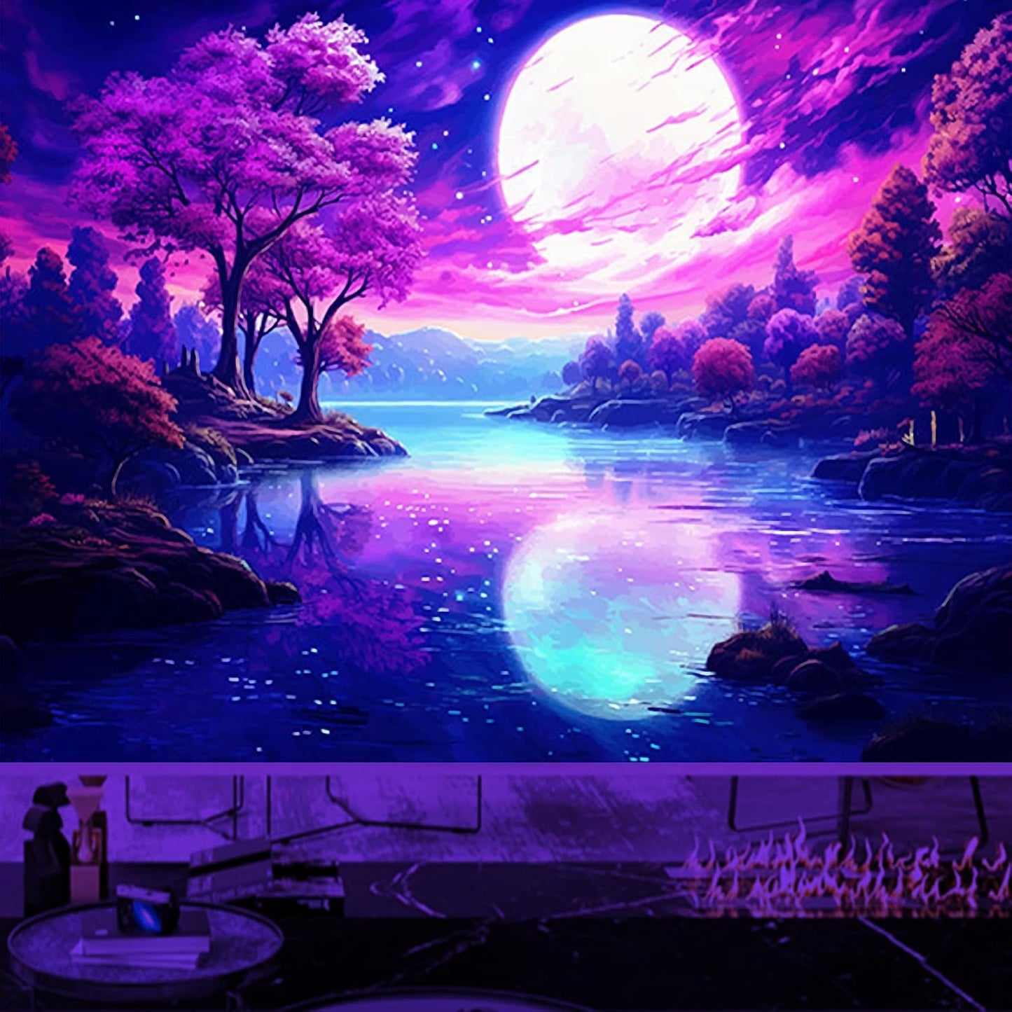 Atrippy Blacklight Pink Tapestry for Bedroom, UV Reactive Mountain Nature Tree Room Decor Wall Tapestries, Moon Landscape Forest Backdrop for Living Room Dorm Office 40" X 60"