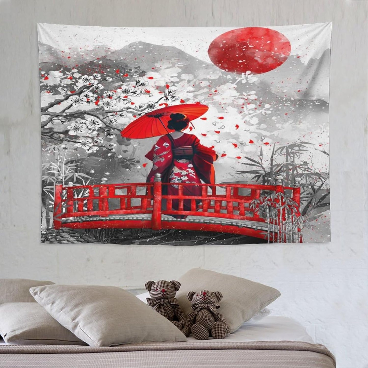 Japanese Red Geisha Tapestry Asian Cherry Blossom Red Sun Traditional Kimono Folk Tapestries Home Decor for Living Room Bedroom Apartment Farmhouse Dorm 80"x60"