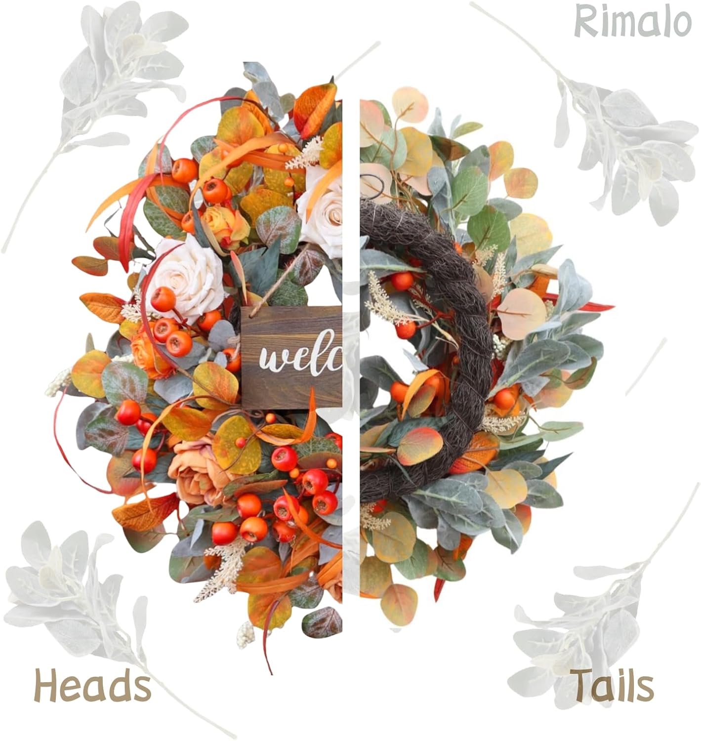 Fall Wreath for Front Door, 24 Inch Autumn Wreath with lamb's Ear Leaves, Roses, Berries & Wooden Sign,Fall Decorations for Home, Artificial Flowers Harvest and Thanksgiving Indoor & Outdoor