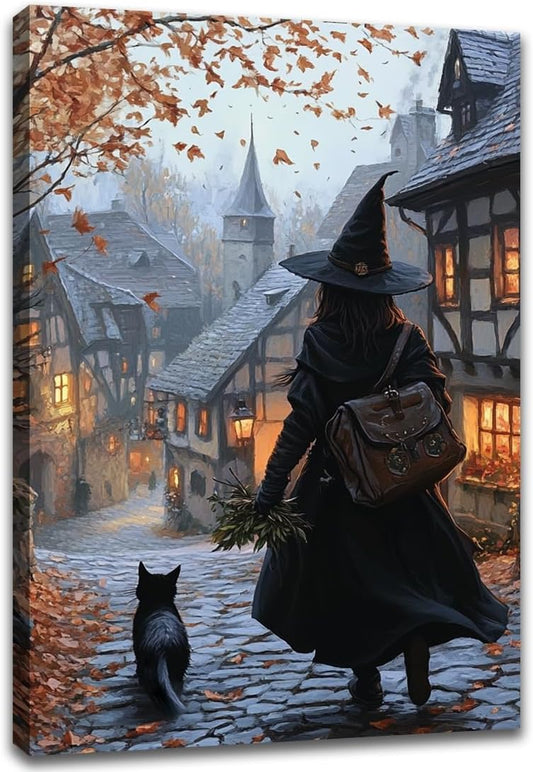 Autumn Witch And Black Cat Picture Wall Decor,Halloween Canvas Vintage Rustic Wall Art,Preppy Bedroom Living Room Bathroom Poster Print,24"x36" Framed