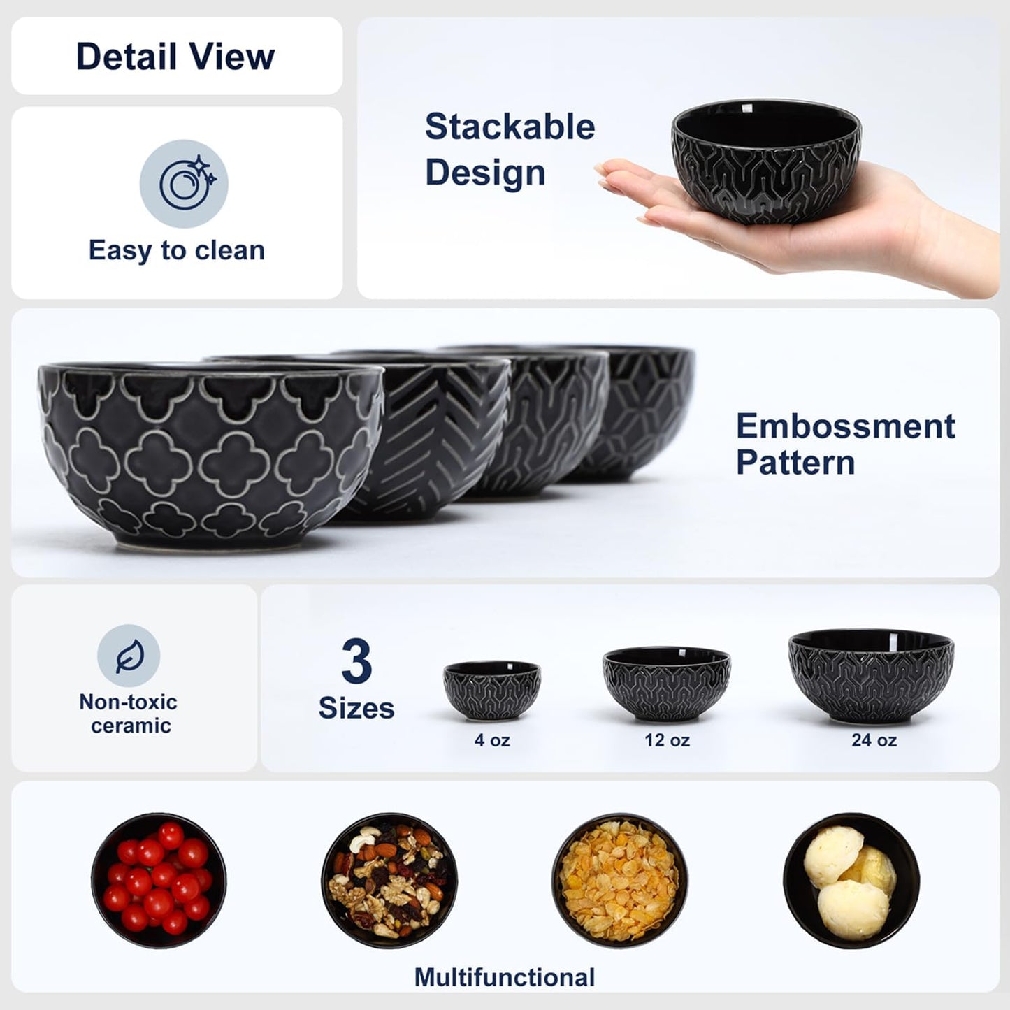 Sureasy Ceramic Cereal Bowls Set of 4, 5.9 Inch Deep Soup Bowls for Kitchen, 25 oz Embossed Stoneware Bowls for Pasta, Salad, Oatmeal, Noodle, Ramen, Microwave Dishwasher Safe, Set of 4, Black