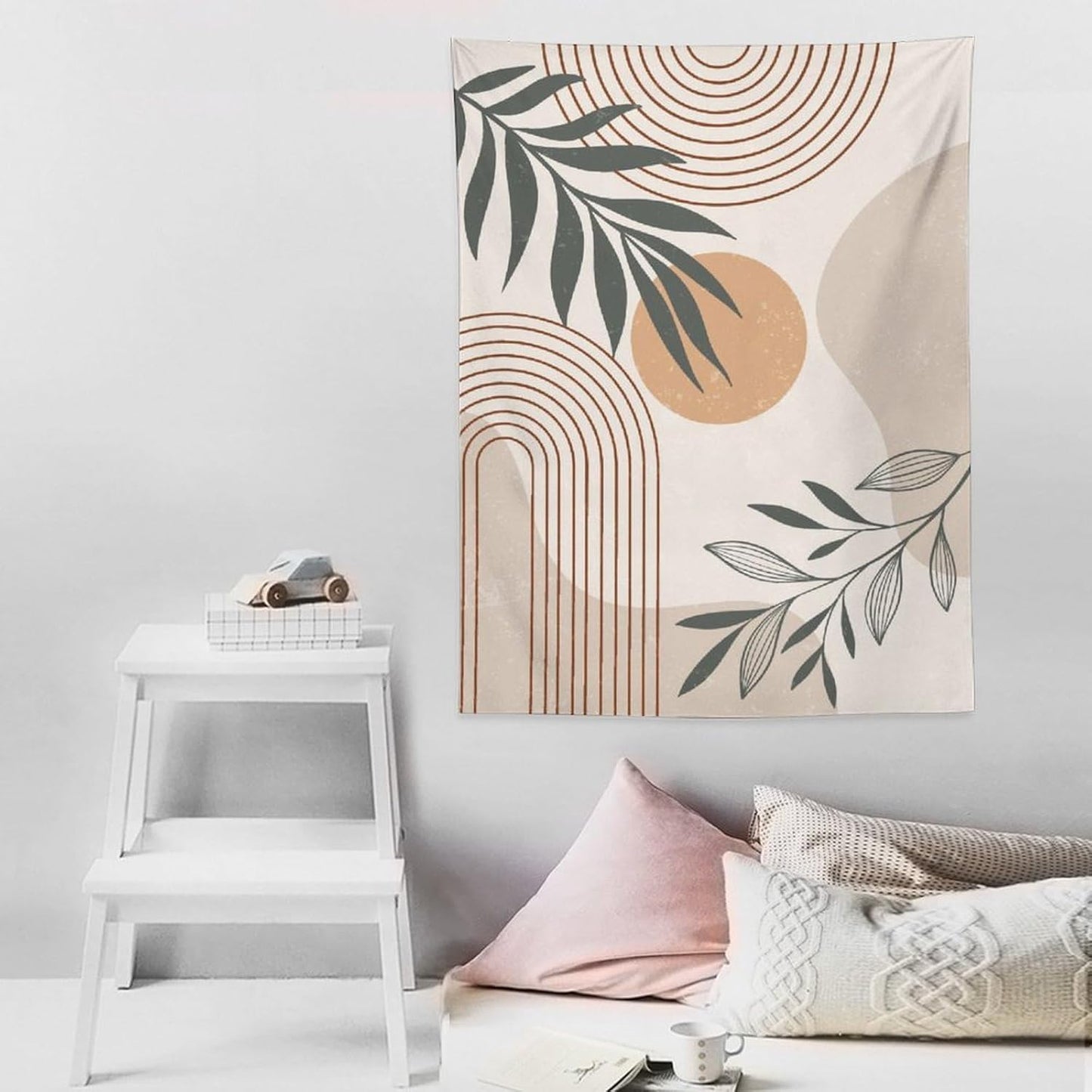 Abstract Boho Tapestry, Mid Century Tropical Tree Leaves Modern Geometric Arch Bohemian Botanical Tapestry, Home Aesthetic Wall Hanging Art Decor for Living Room Bedroom Dormitory 60x60 Inch