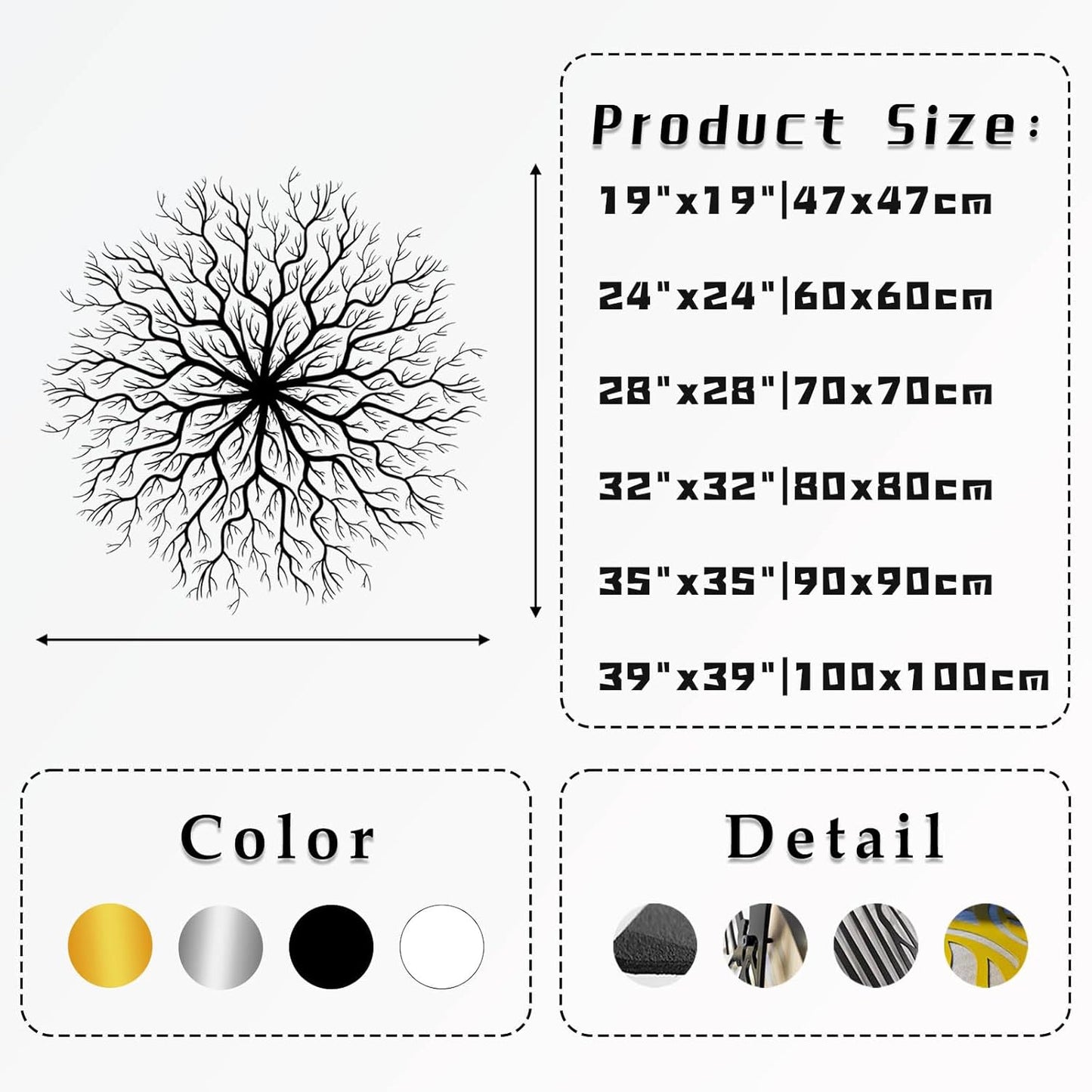 Tree of Life Metal Wall Art, Metal Tree Wall Art, Large Round Sculpture, Round Branch Wall Decor, Large Branch Artwork, Nature Sign, Wall Decor for Living Room, Housewarming Gift (White, 35"x35"|90x90cm)