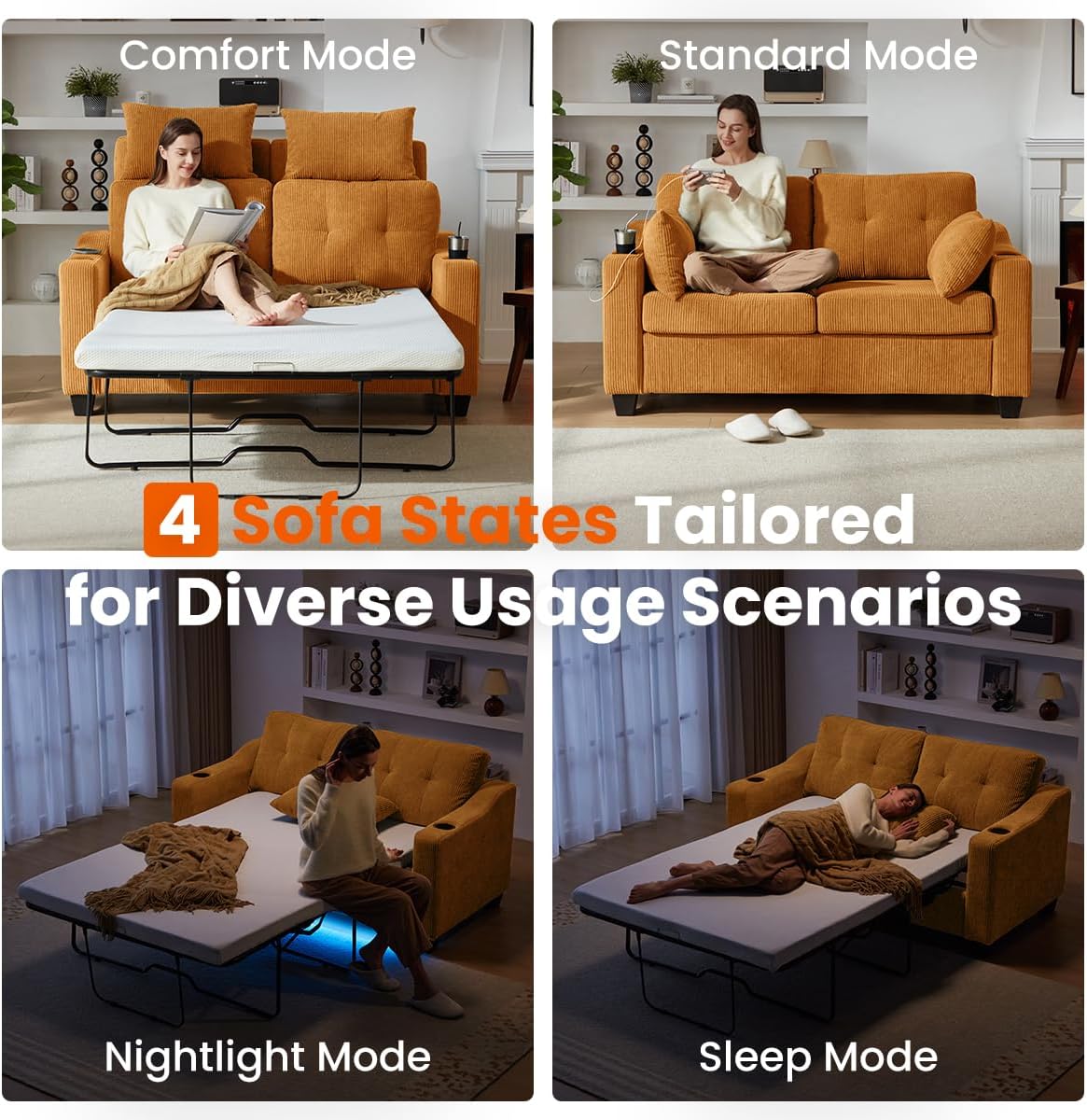 Pull Out Sofa Bed, Full Size Sleeper Sofa, 2-in-1 Convertible Corduroy Couch with USB Charging, Memory Form Couch for Living Room, Apartment and Small Space (Mustard Yellow, Corduroy - Full Size)