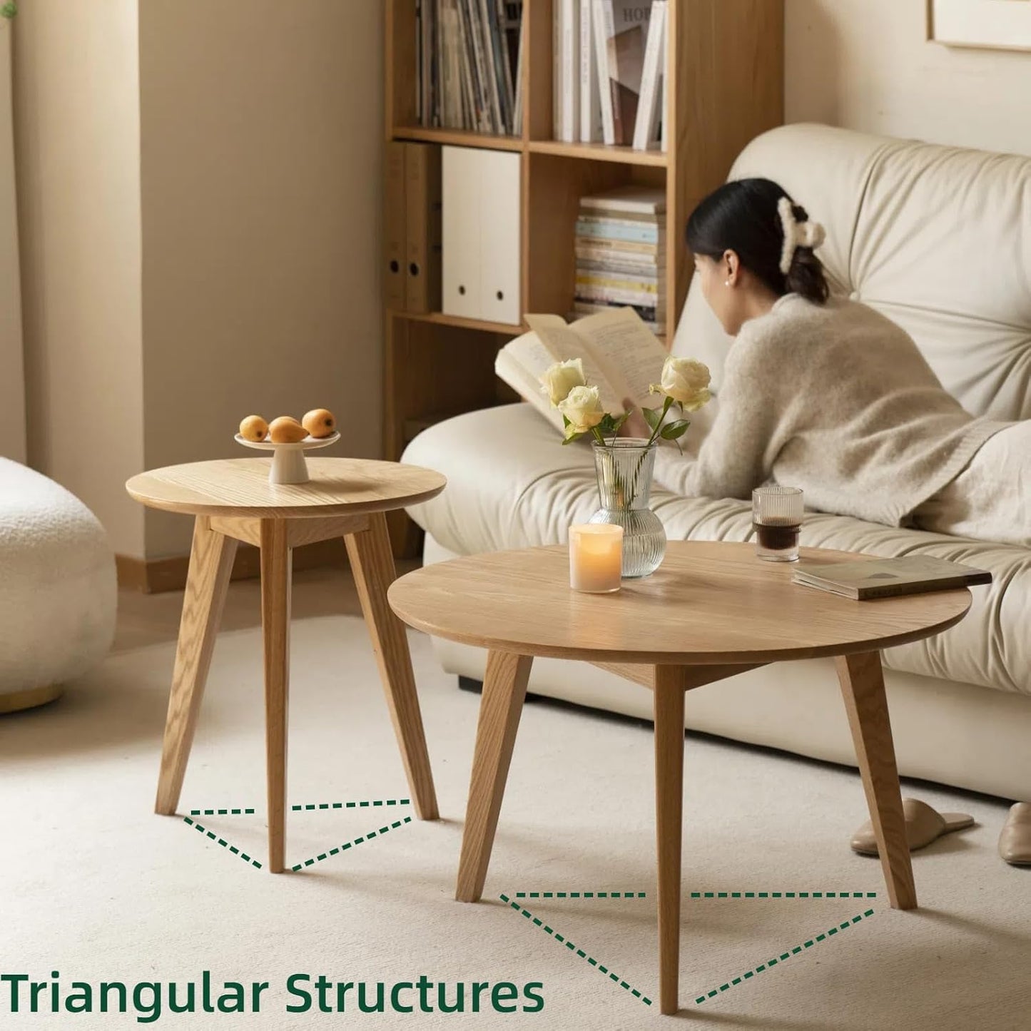 100% Solid Oak Wood Mini Coffee Table, Round Side Table w/Solid Wood Legs, Walnut Mid Century Coffee Table w/Sturdy Frame for Bedroom Balcony Living Room (29.53" D x 17.72" H)