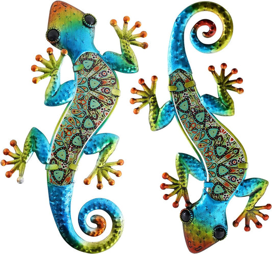 HONGLAND 2Pcs Metal Gecko Wall Decor Lizard Garden Art Color Hanging Glass Sculpture for Indoor Outdoor Patio Fence (Symphony)