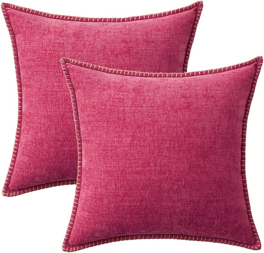 MIULEE Pack of 2 Couch Throw Pillow Covers 18x18 Inch Hot Pink Farmhouse Decorative Pillow Covers with Stitched Edge Soft Chenille Solid Dyed Spring Pillow Covers for Sofa Bed Living Room